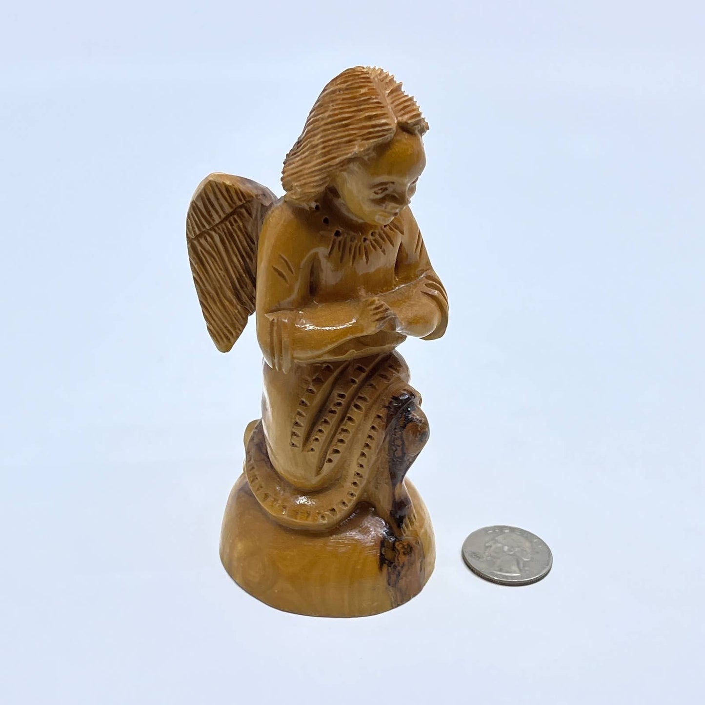 Vtg Solid Olive Wood Hand Carved Guardian Angel Praying 5” TF5