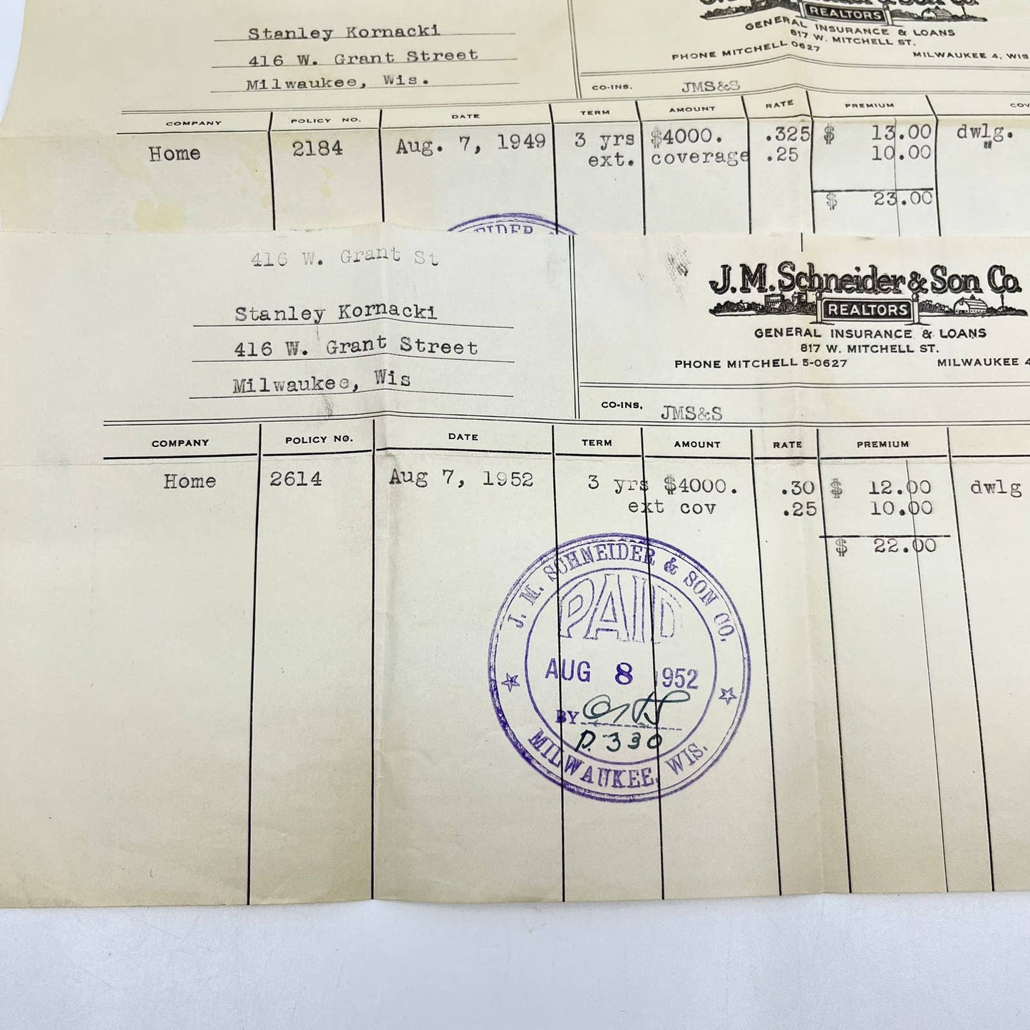 1949 J.M. Schneider & Son Co. Insurance Letterhead & Envelope Milwaukee WI AA7