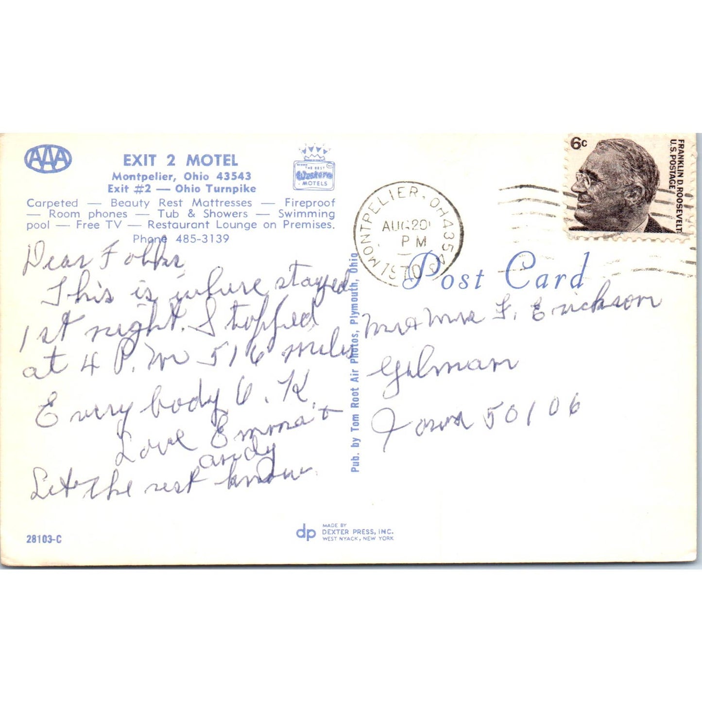 Vintage Postcard Exit 2 Motel Montpelier Ohio TD9