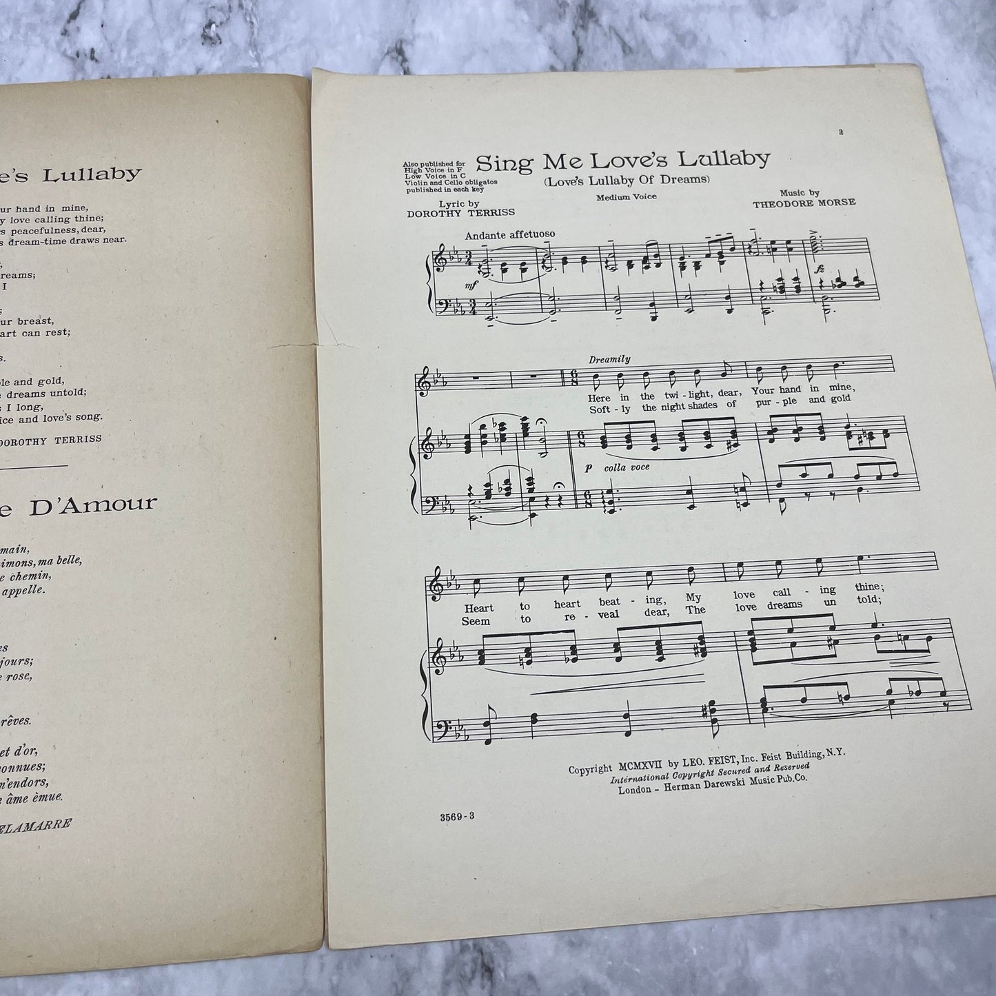 Sheet Music Sing Me Loves Lullaby Dorothy Terriss Theodore Morse 1917 Feist V41-2