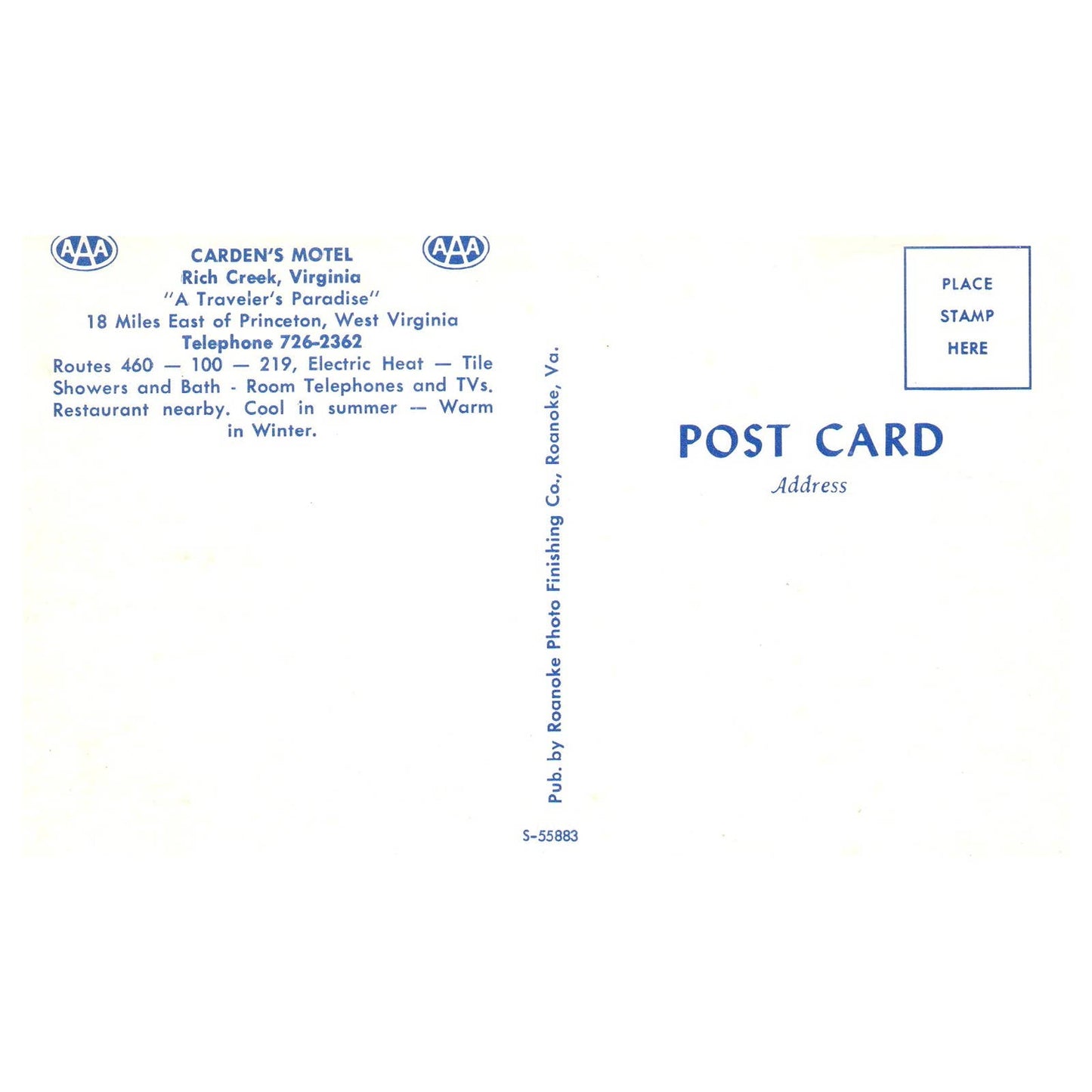 Vintage Postcard - Carden's Motel Rich Creek West Virginia AD9