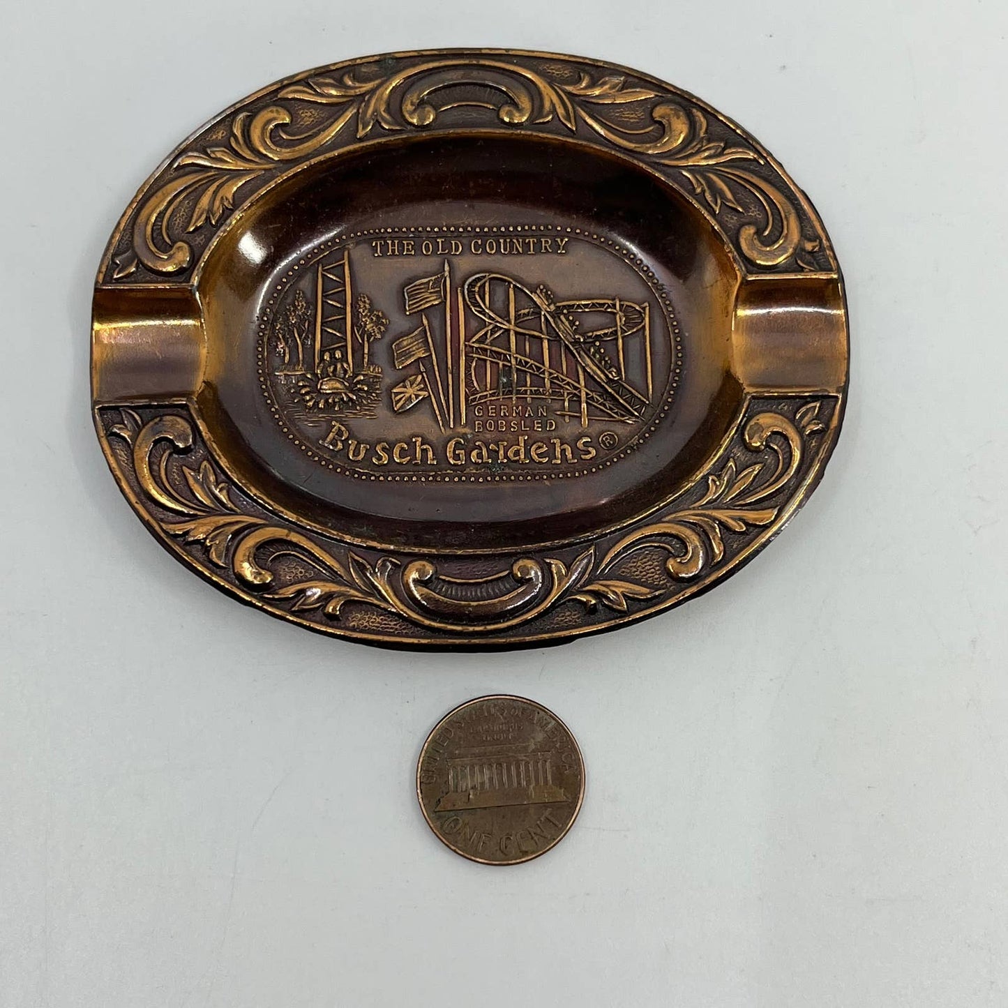 Vintage Busch Gardens Copper Souvenir Ashtray The Old Country German Bobsled SC4