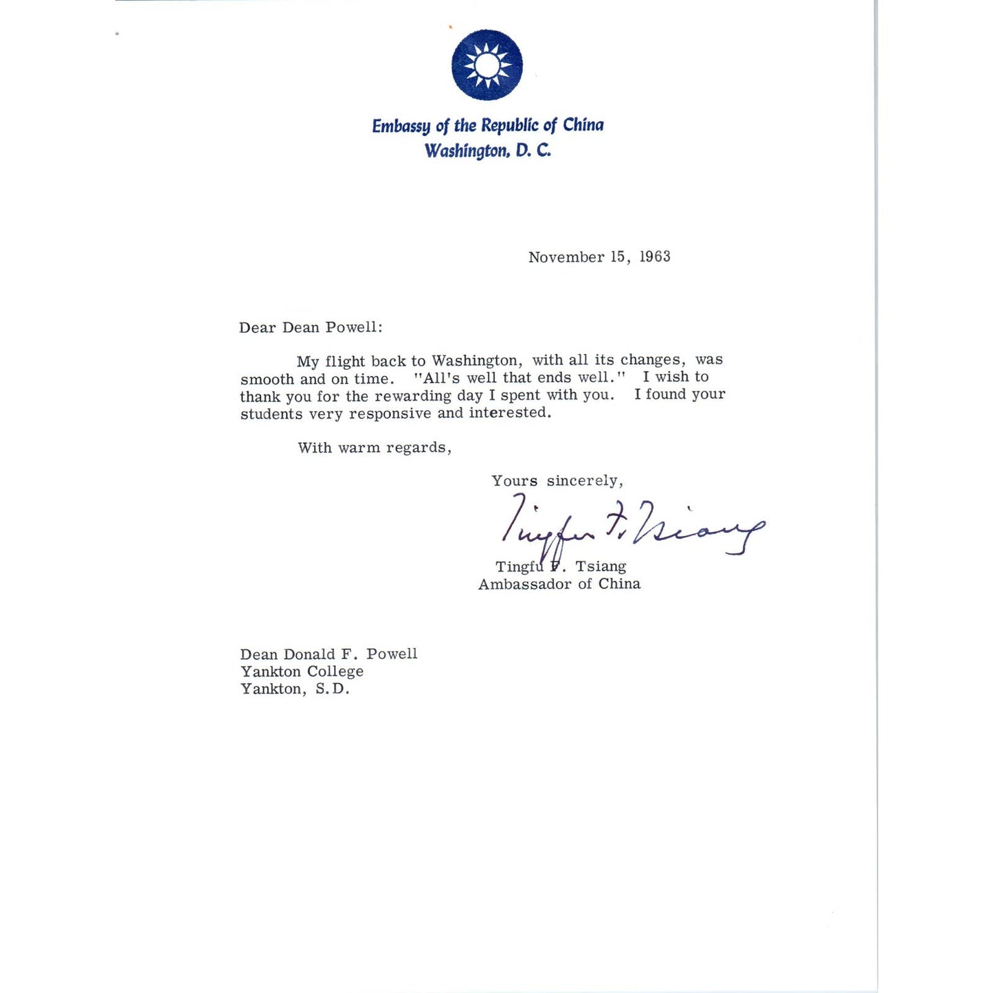 Embassy of The Republic of China Letterhead Memo Tingfu Tsiang 11/15/63 TK1-P11