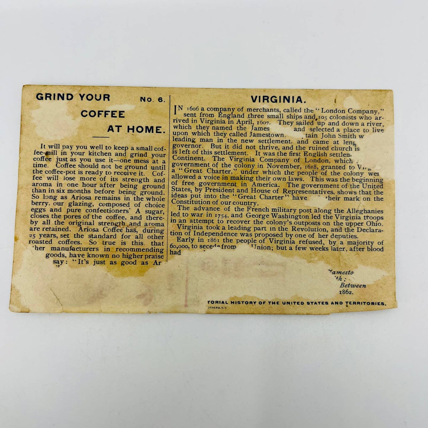 1890s Trade Card Arbuckle Coffee Ariosa NY Natives Steamship Virginia AA2