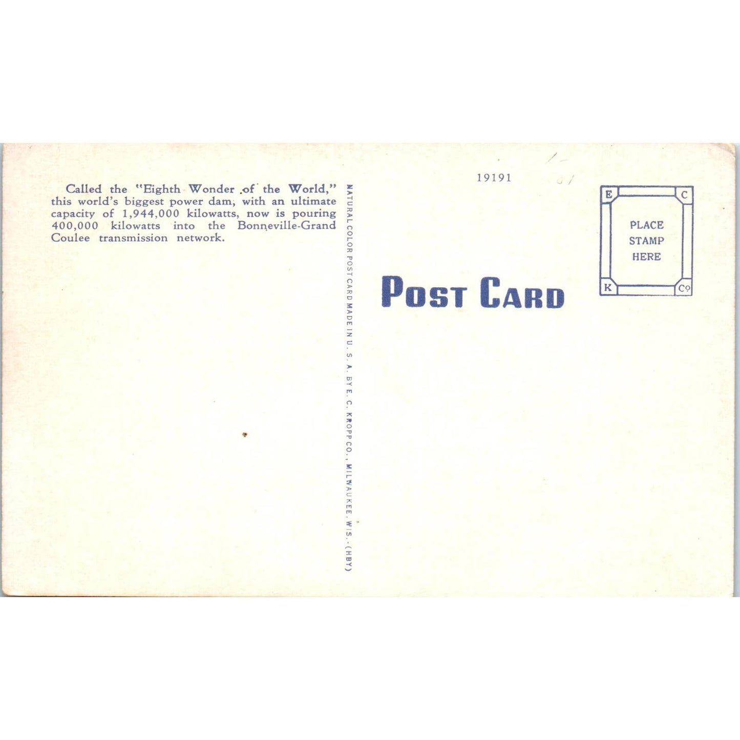 Vintage Postcard Grand Coulee Dam Washington TD9