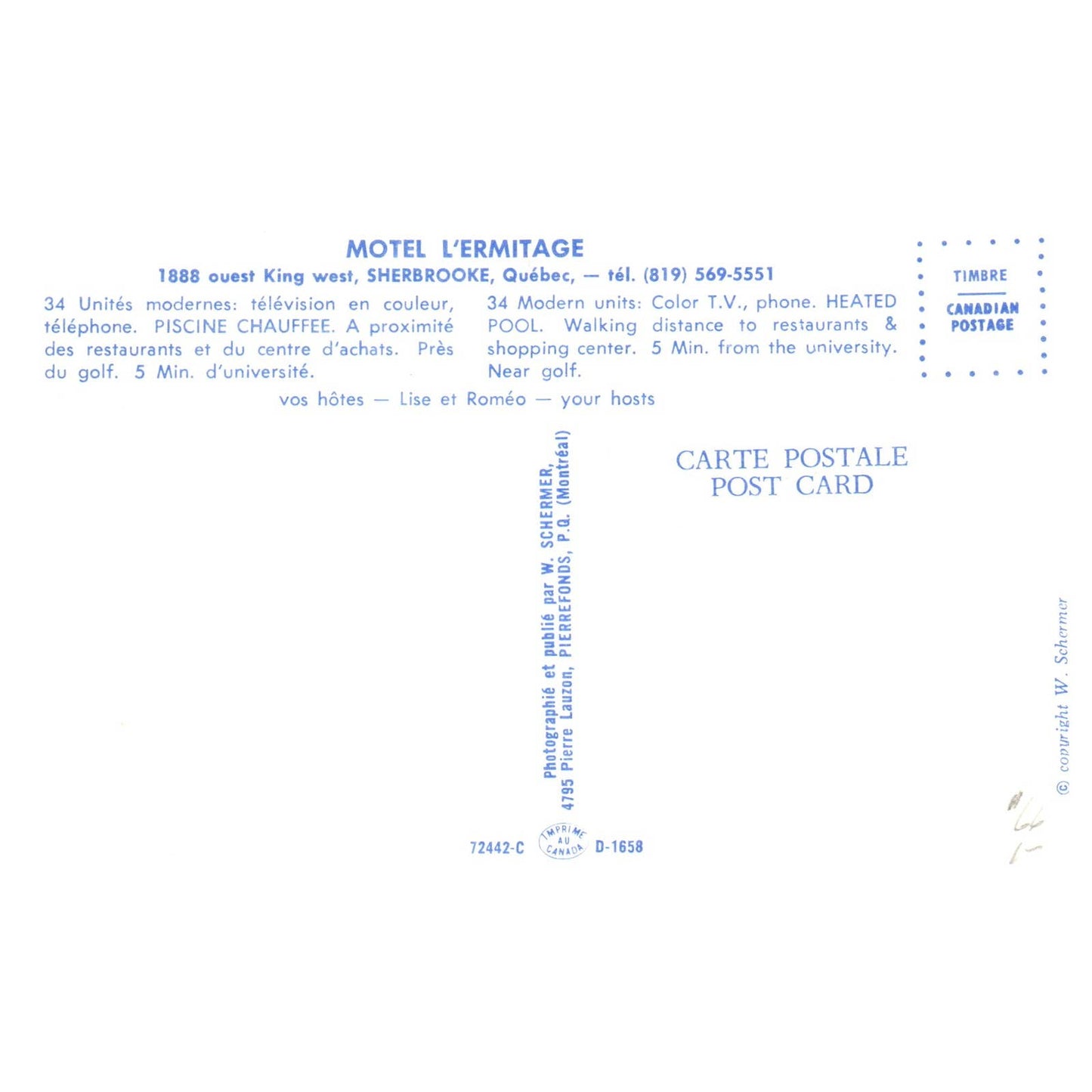 Motel L'Ermitage Sherbrooke Quebec Canada - Postcard TJ8-1