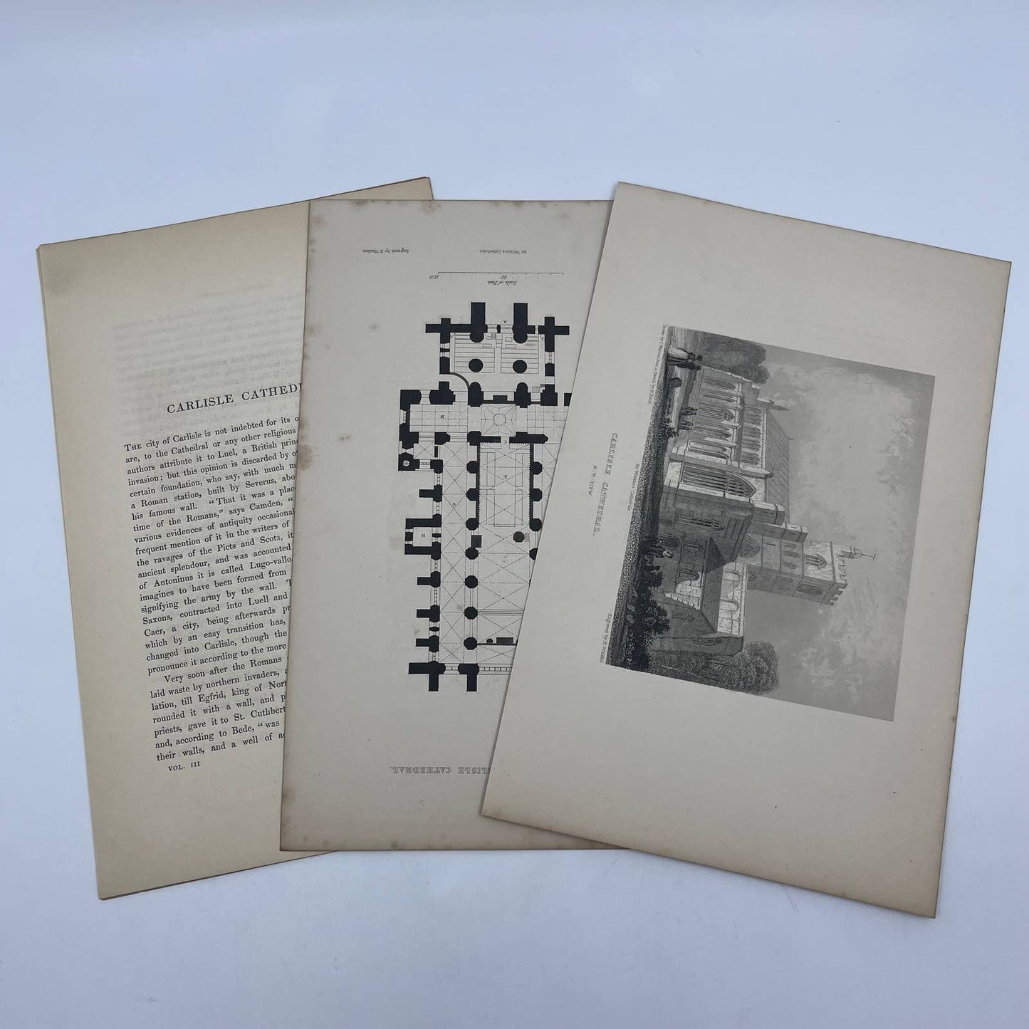 1842 Original Art Engraving Carlisle Cathedral, Floor Plan and Bio TG6