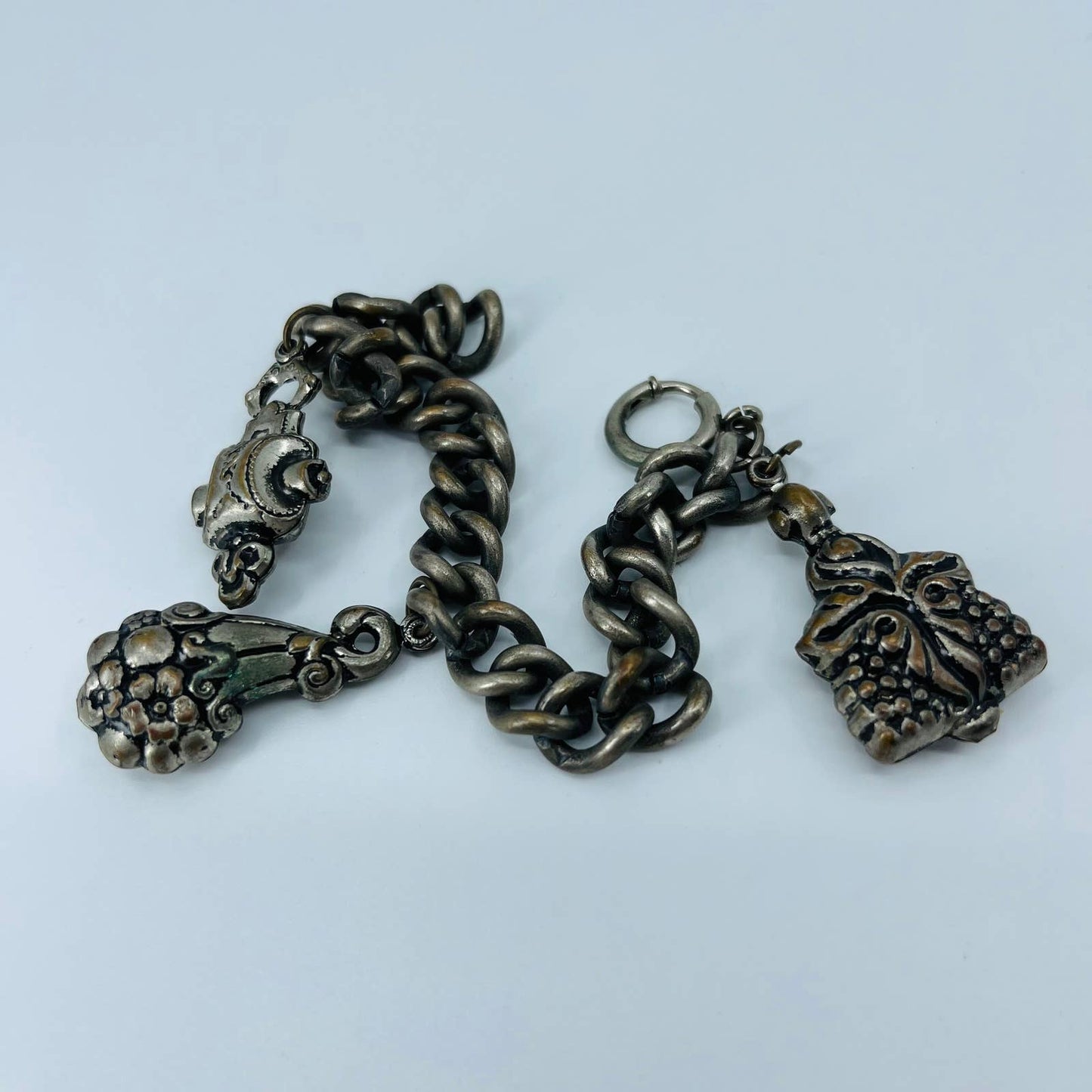 Vintage Asian Charm Bracelet Chain Link House Bouquet Scroll 7” SB2