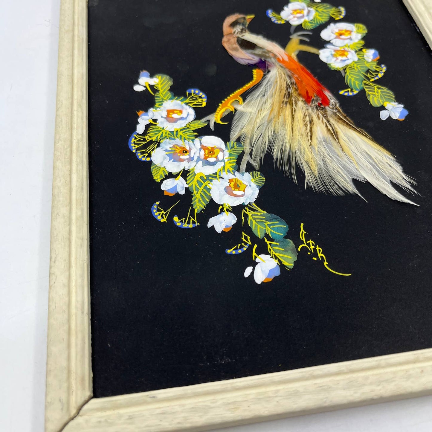 Antique Framed Feather Art Bird Postcard Made in Mexico 7x9.5 TI4