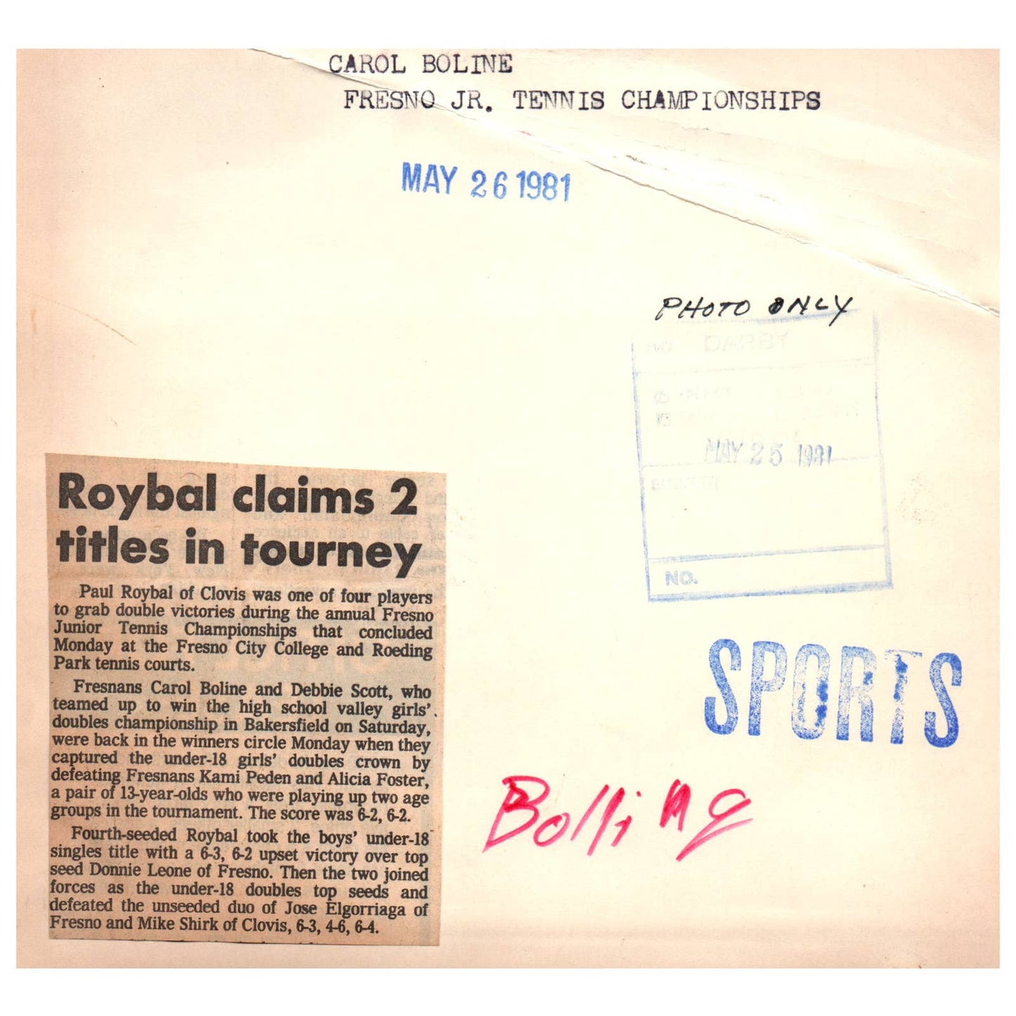 1981 Original Press Photo Women's Tennis Carol Boline Fresno Jr Champs 7x7.5" AD2