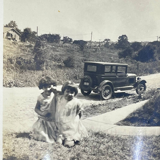 1930 Photograph Young Girls Posing in Front of Ford Model T Automobile 4x5” SC6