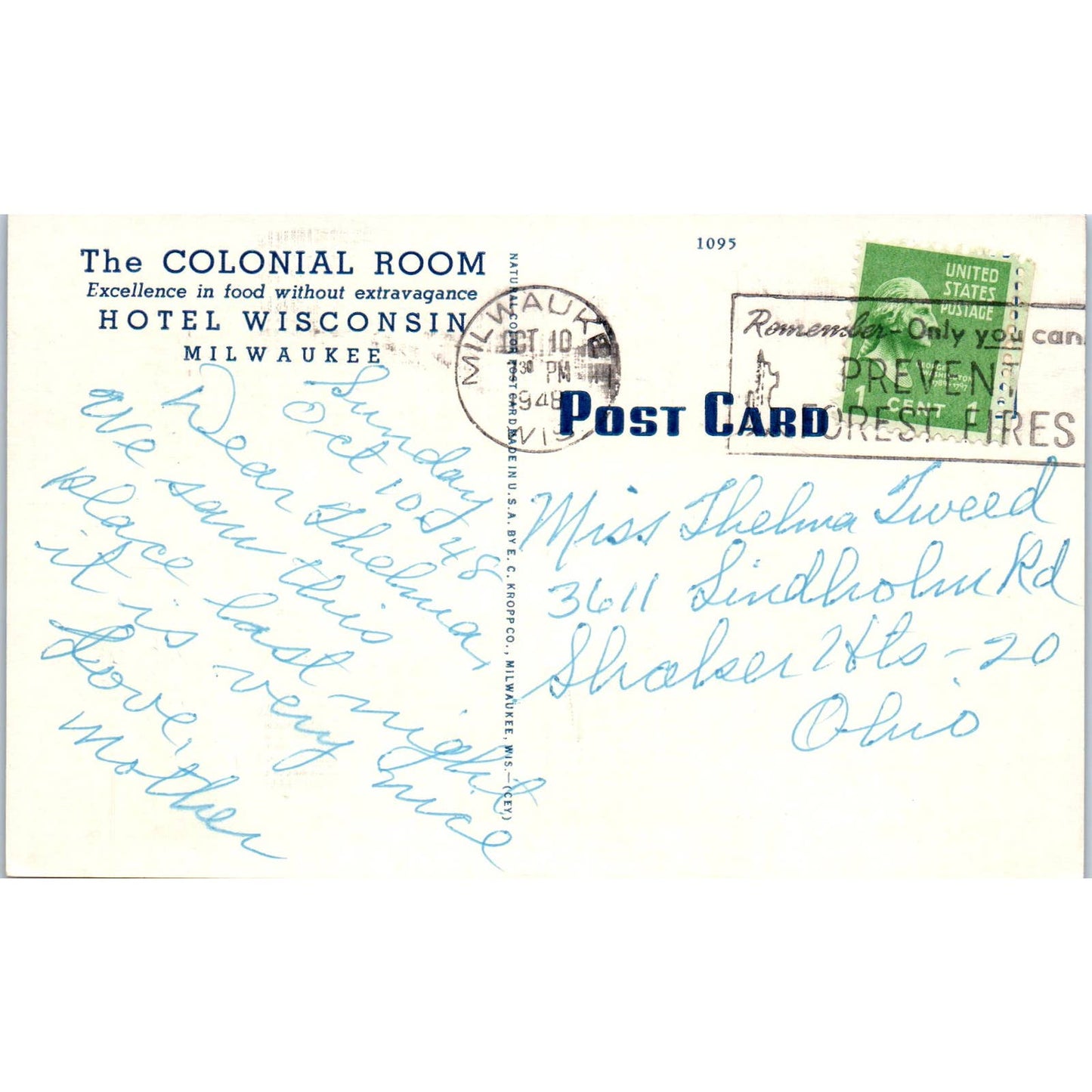 The Colonial Room Dining Room Hotel Wisconsin Milwaukee 1948 Postcard TJ9-P3