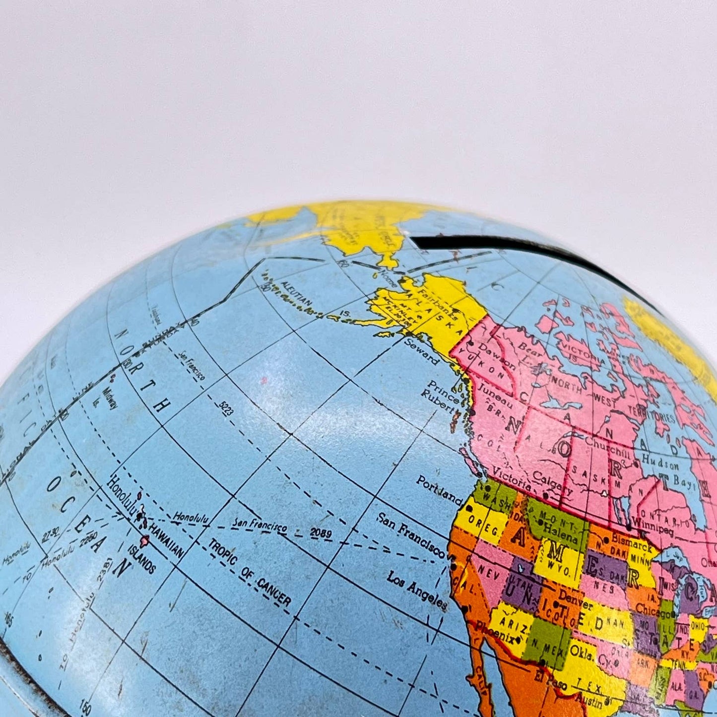 1950s Ohio Art Small Tin Globe Coin Bank World Bank 4" Globe Save & Prosper TE3