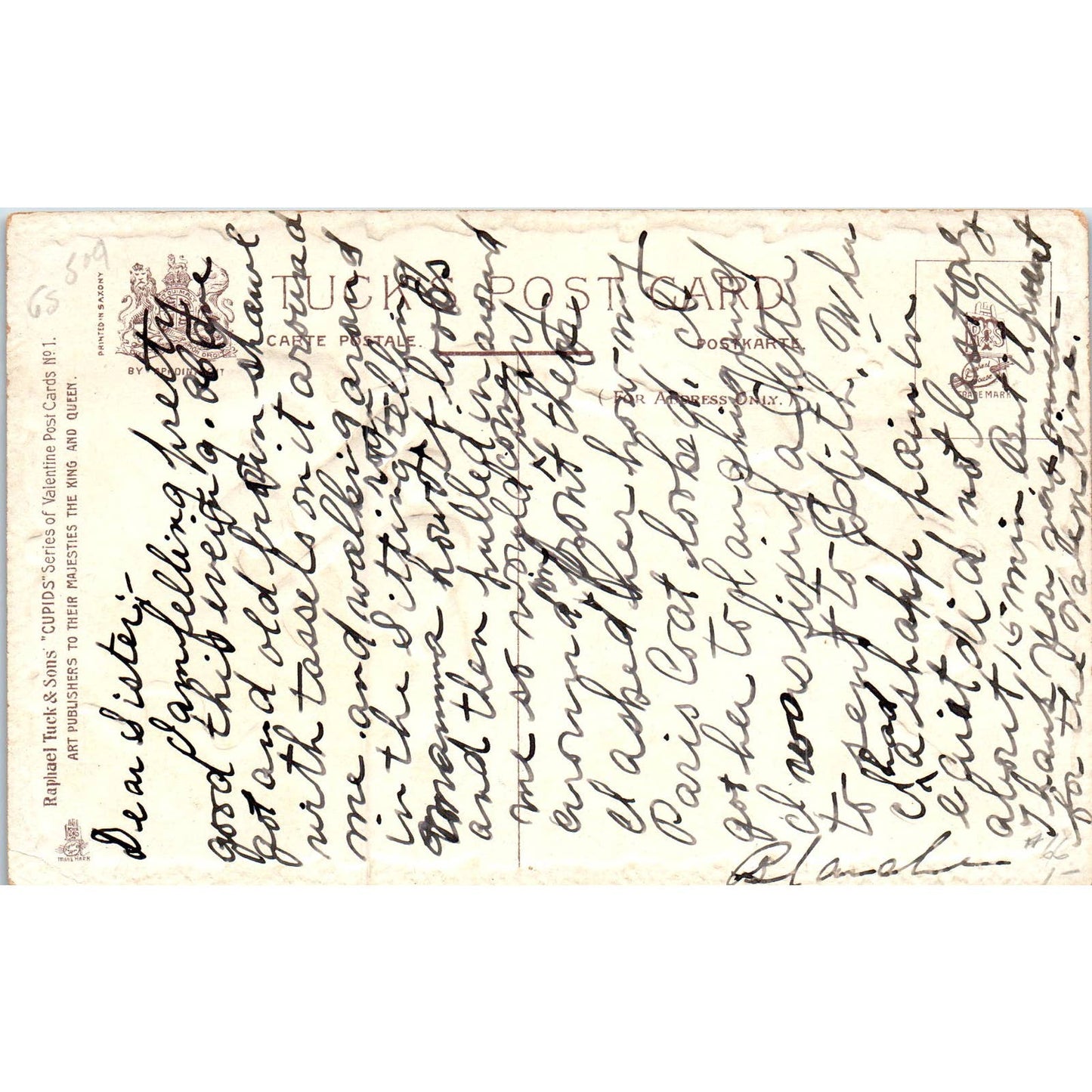 Valentine Cupid Cherub Embossed Raphael Tuck Original Postcard TK1-P17