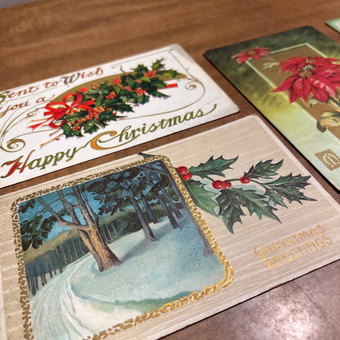 SET OF 4 - c1910 Christmas Postcards Poinsettia Holly Country Scene Farm PA2