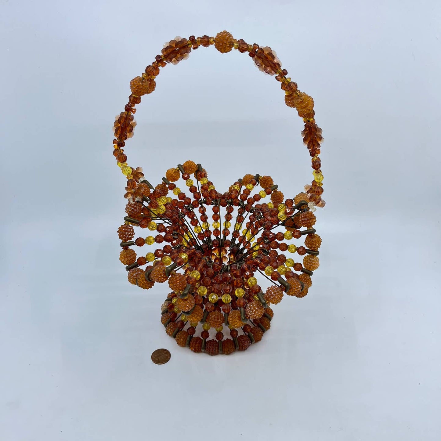 Vintage Kitsch Safety Pin Beaded Basket Brown Yellow 70s Earth Tone 12” TF4