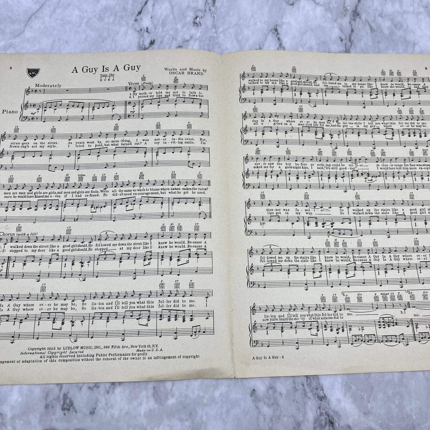 Sheet Music - A Guy Is A Guy - by Oscar Brand - 1952 Introduced by Doris Day TJ4