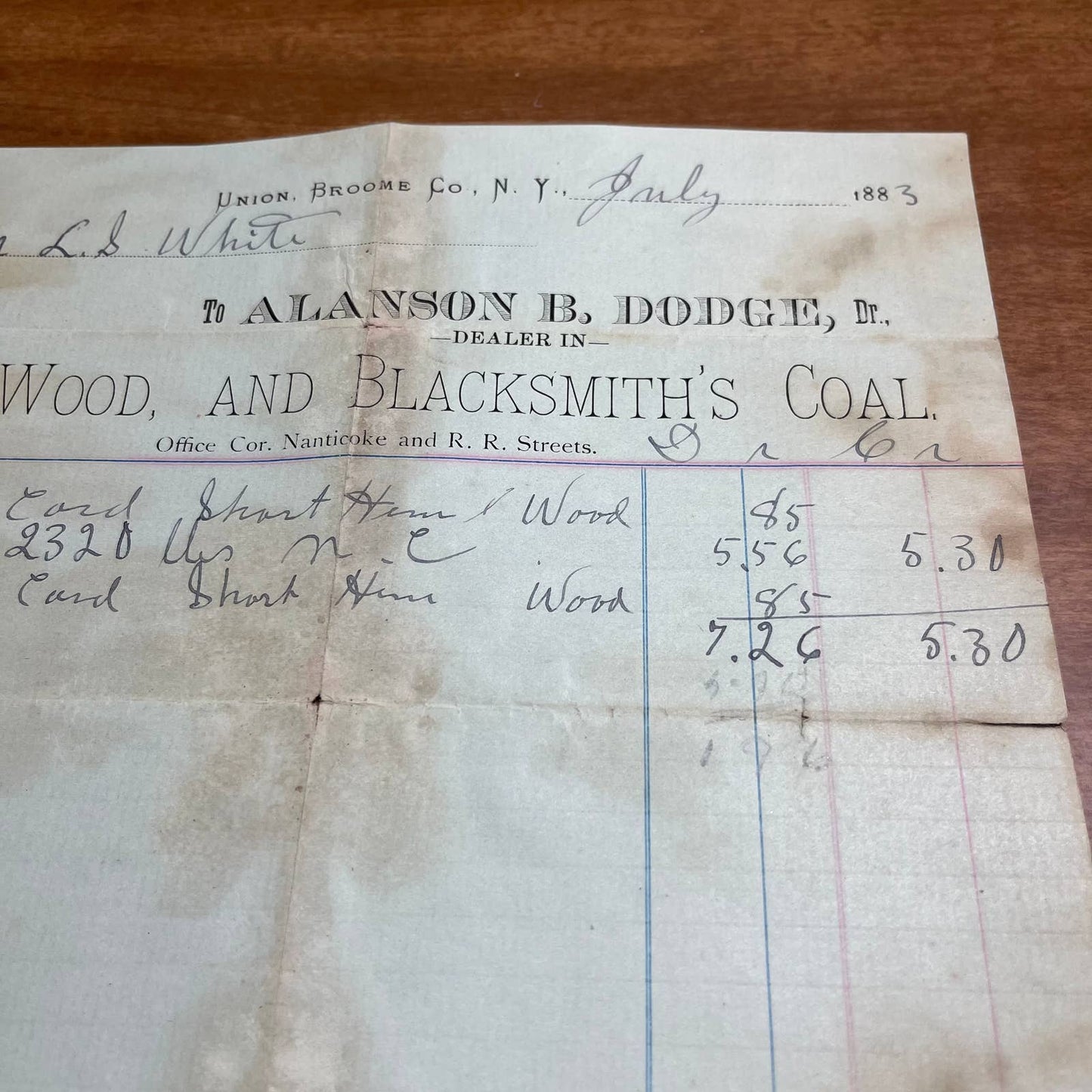 1883 Invoice Bill Union Broome Co. NY Alanson B Dodge Nanticoke & R.R. Street A8