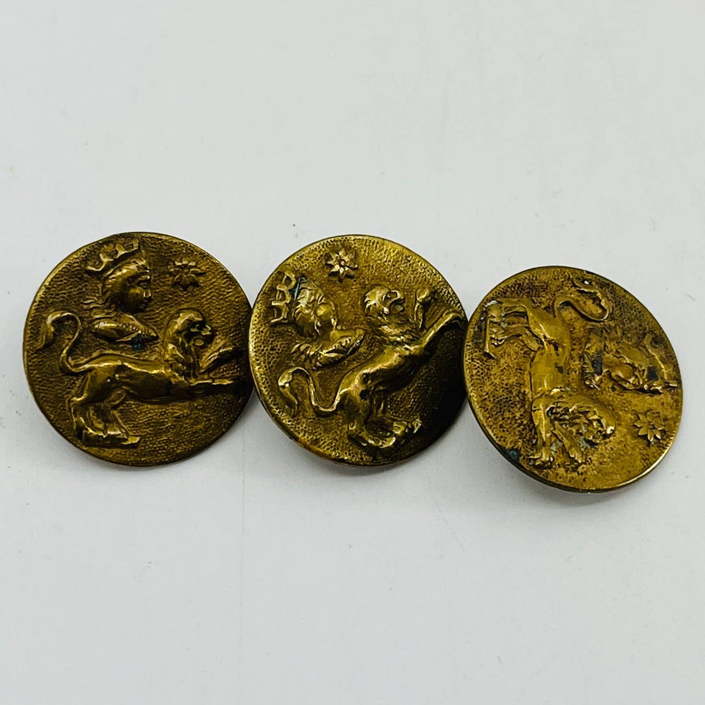 Antique c1830 Brass Coin Button Queen and Griffin LOT OF 3 SB5-2