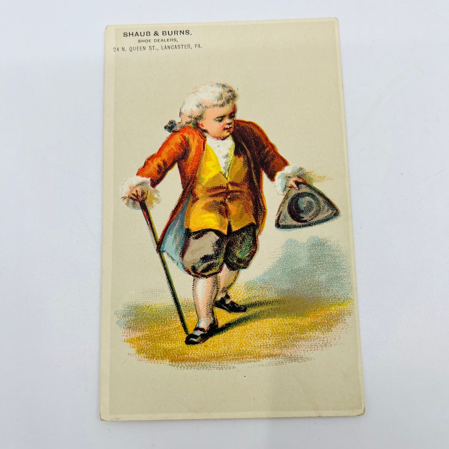1880s Victorian Trade Card Lancaster Shaun & Burns Shoes Colonial Man SAH9-M11