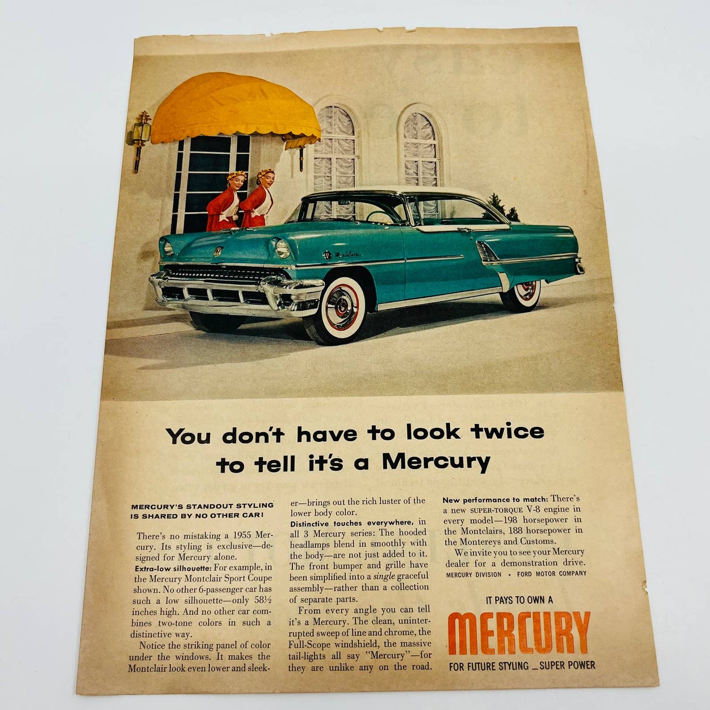 Vintage AD 1955 Teal Mercury Extra-Low Silhouette Montclair Sport Coupe AA1