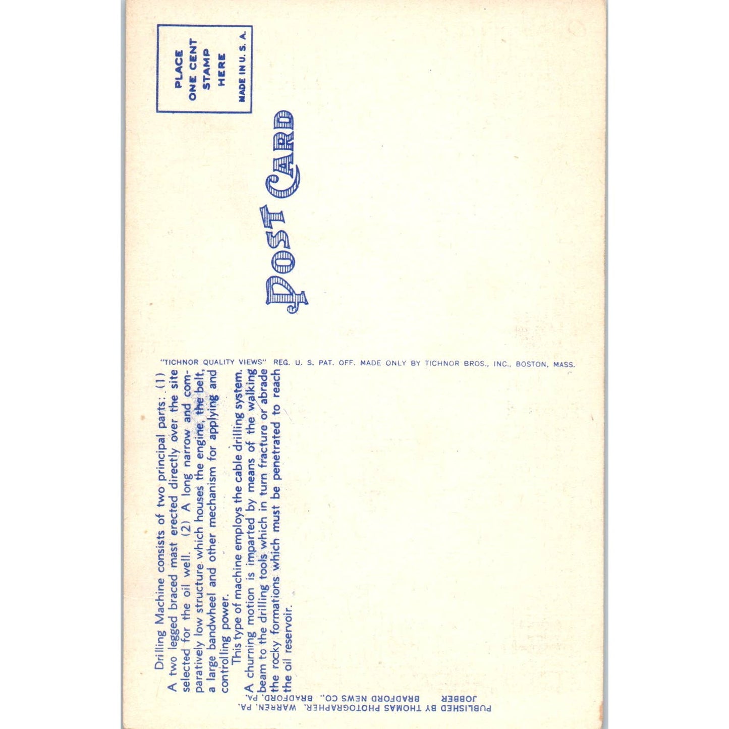 Vintage Postcard Drilling Machine Near Kane PA TD8-P2