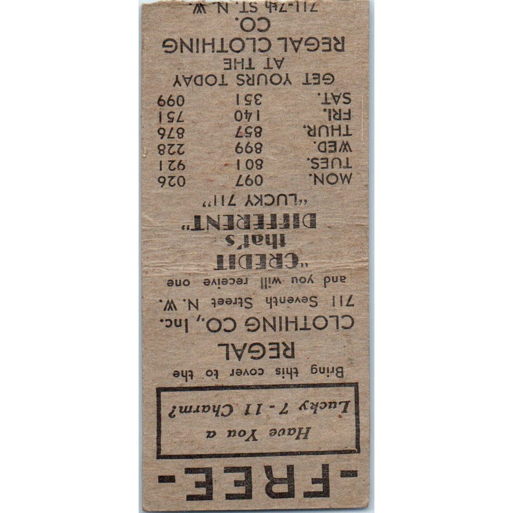 Lucky 7-11 Regal Clothing Co Advertising Matchbook Cover MM9-10