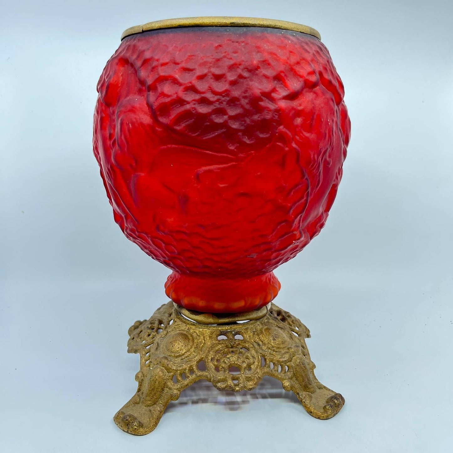 Antique Red Satin Glass and Brass Gone With the Wind Lamp Base LB1