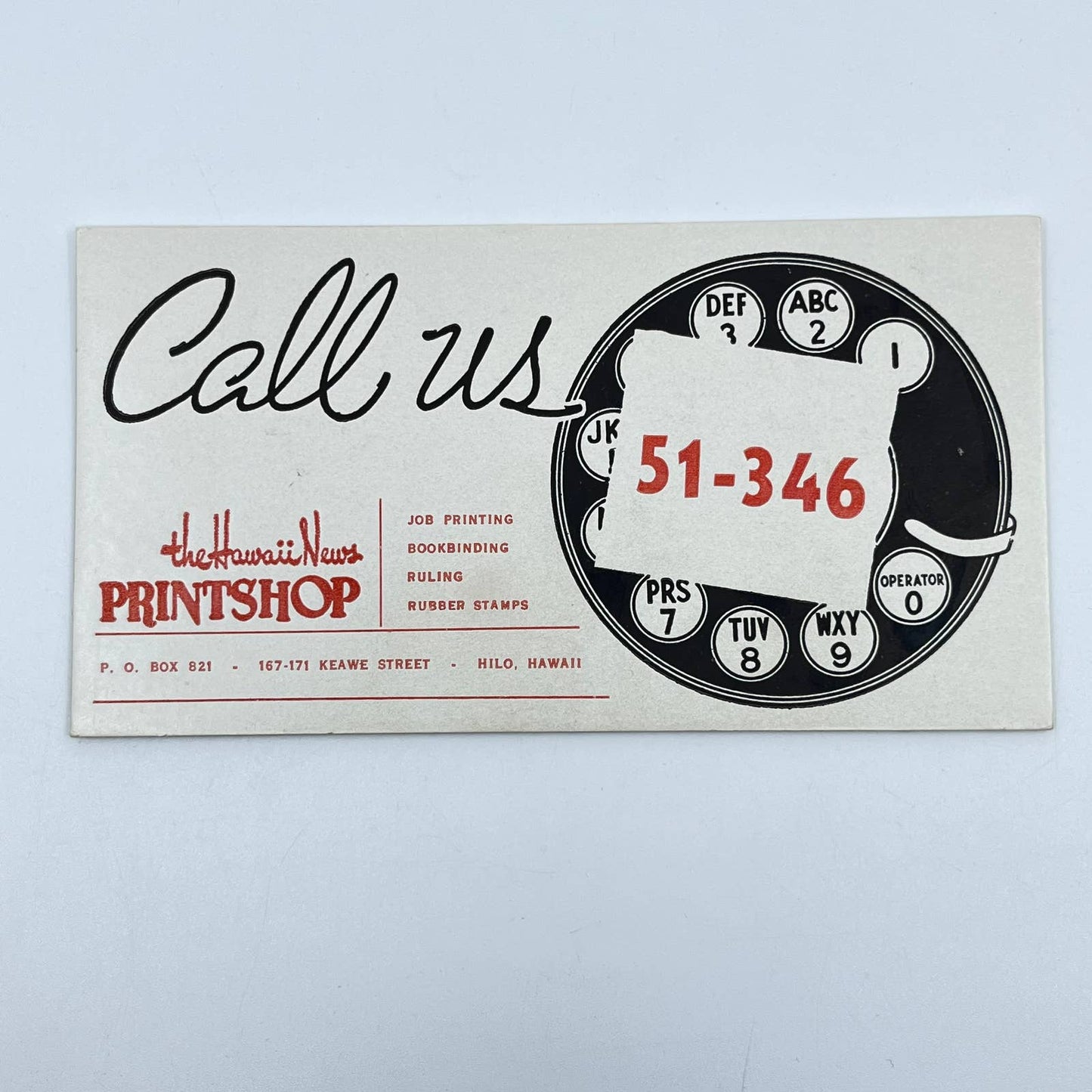 1950s Blotter Card The Hawaii News Print Shop Hilo Hawaii SC9