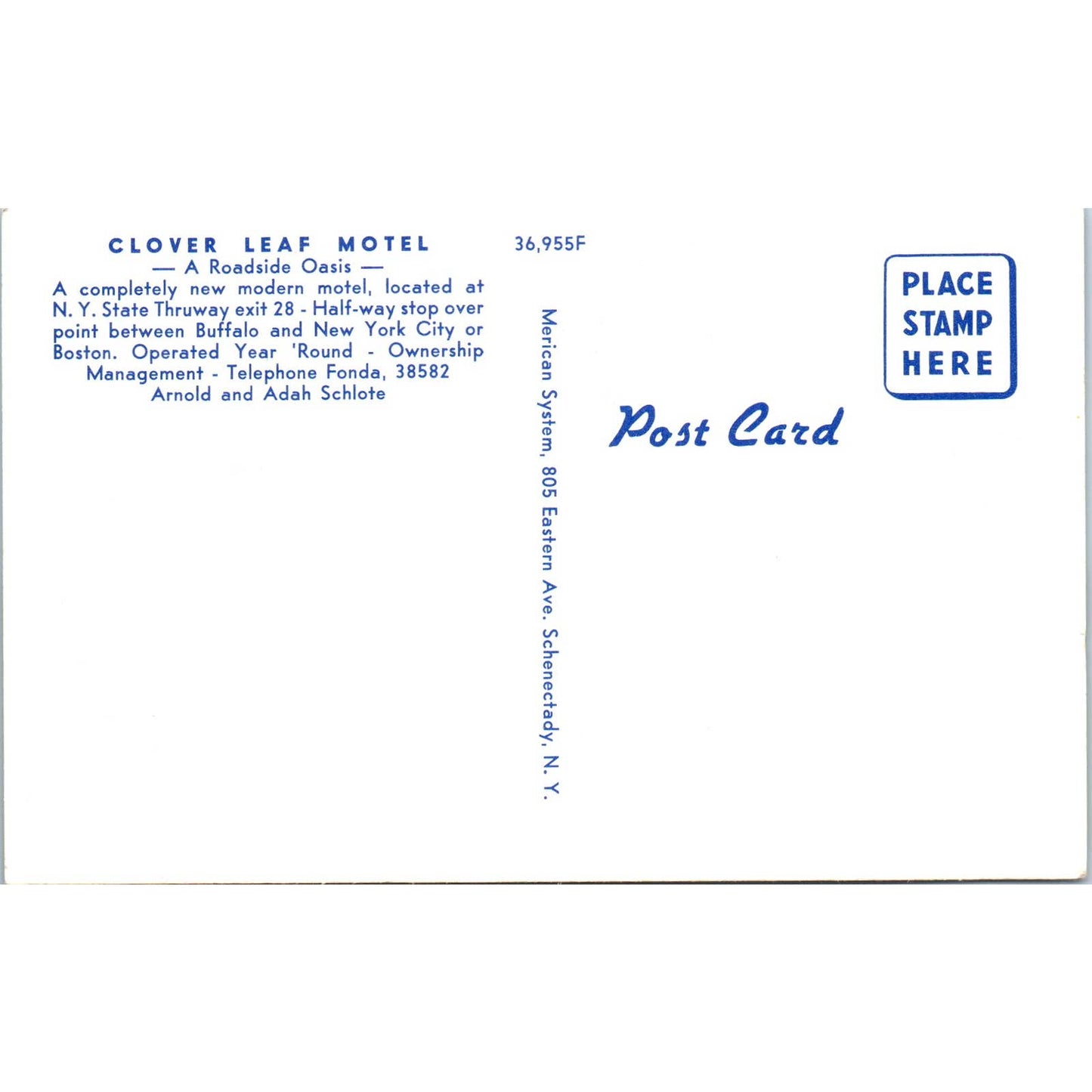 Clover Leaf Motel Fultonville NY Arnold & Adah Schlote Original Postcard TJ7-RP2