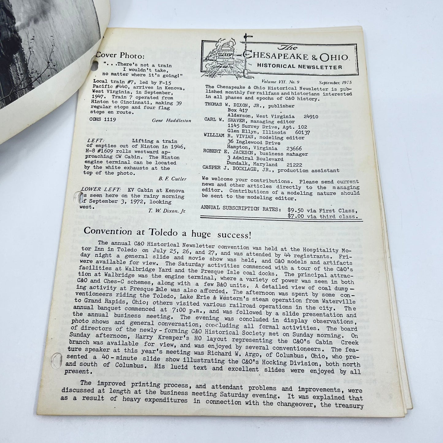 1975 Sept Chesapeake and Ohio Historical Newsletter C&O RR Thomas Dixon WV M1-2