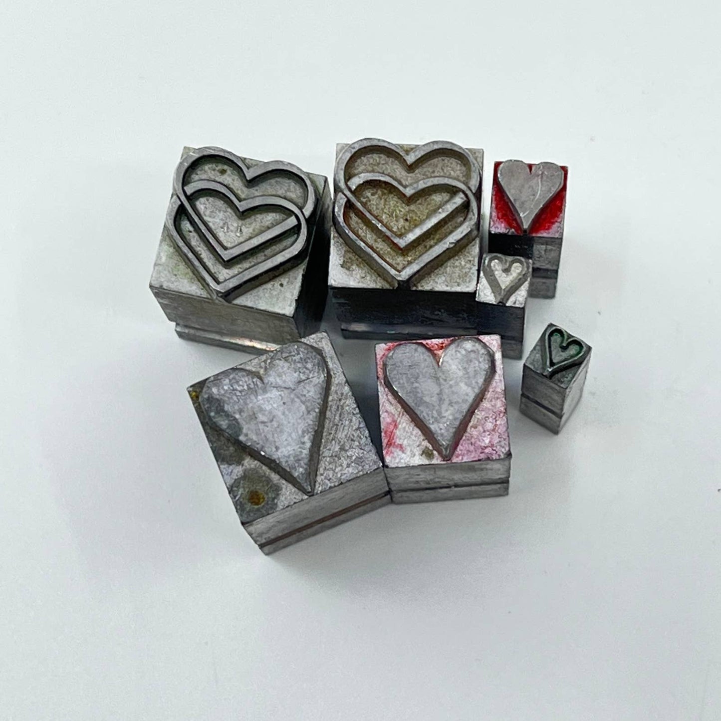 1920s Lot of 7 Heart Shaped Stamp Typeset Print Block Various Sizes SC7