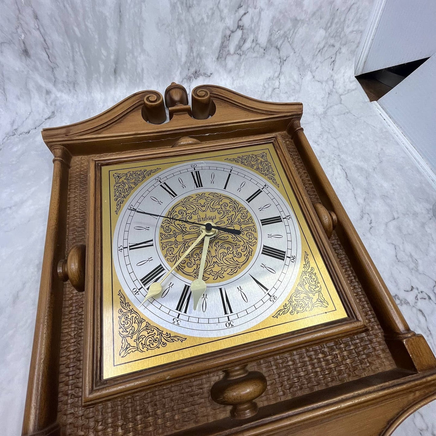 1970s Retro Burwood Products 17 1/2" Wall Clock Faux Wicker WORKS