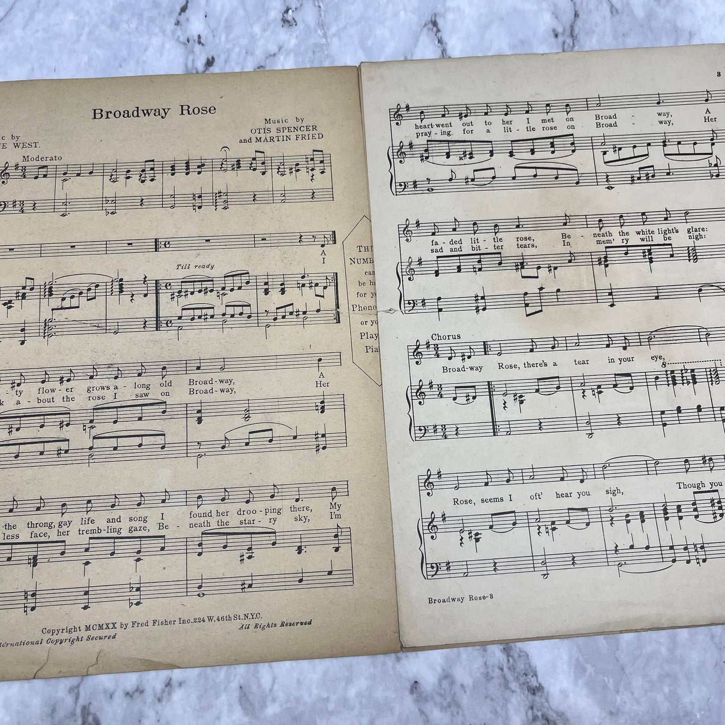 1920 Broadway Rose Sheet Music West Fried Spencer Portrait Goldbeck TH5