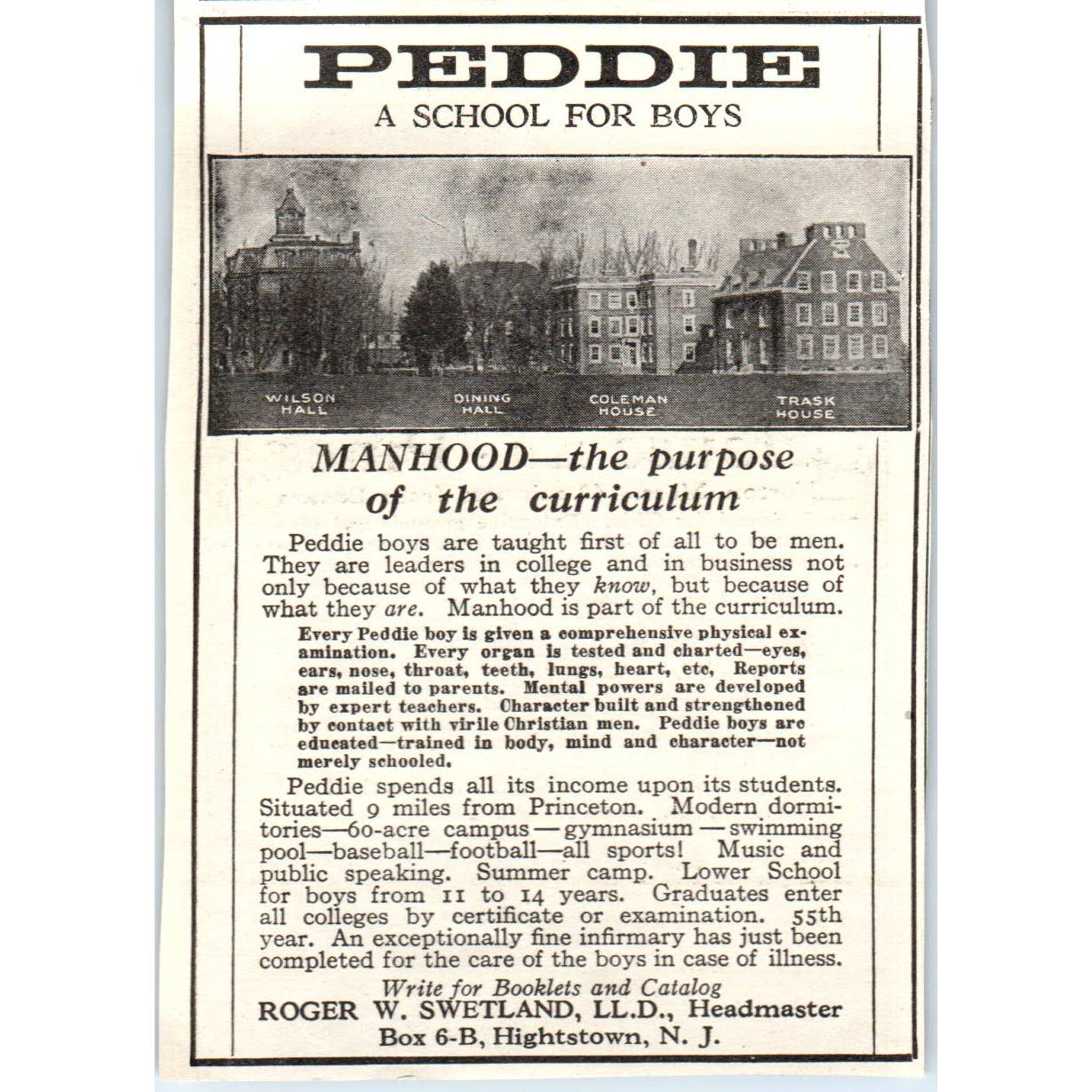 c1920 Harper's Ad - Peddle School for Boys Roger W. Swetland Hightstown NJ EA3-4