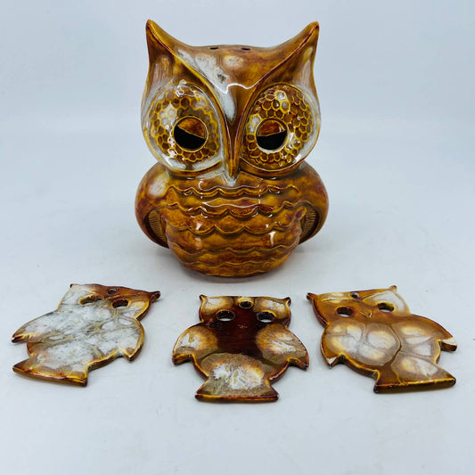 Retro Hand Painted Ceramic Owl Wind Chime w/ 3 Owlets 5.5” TC7