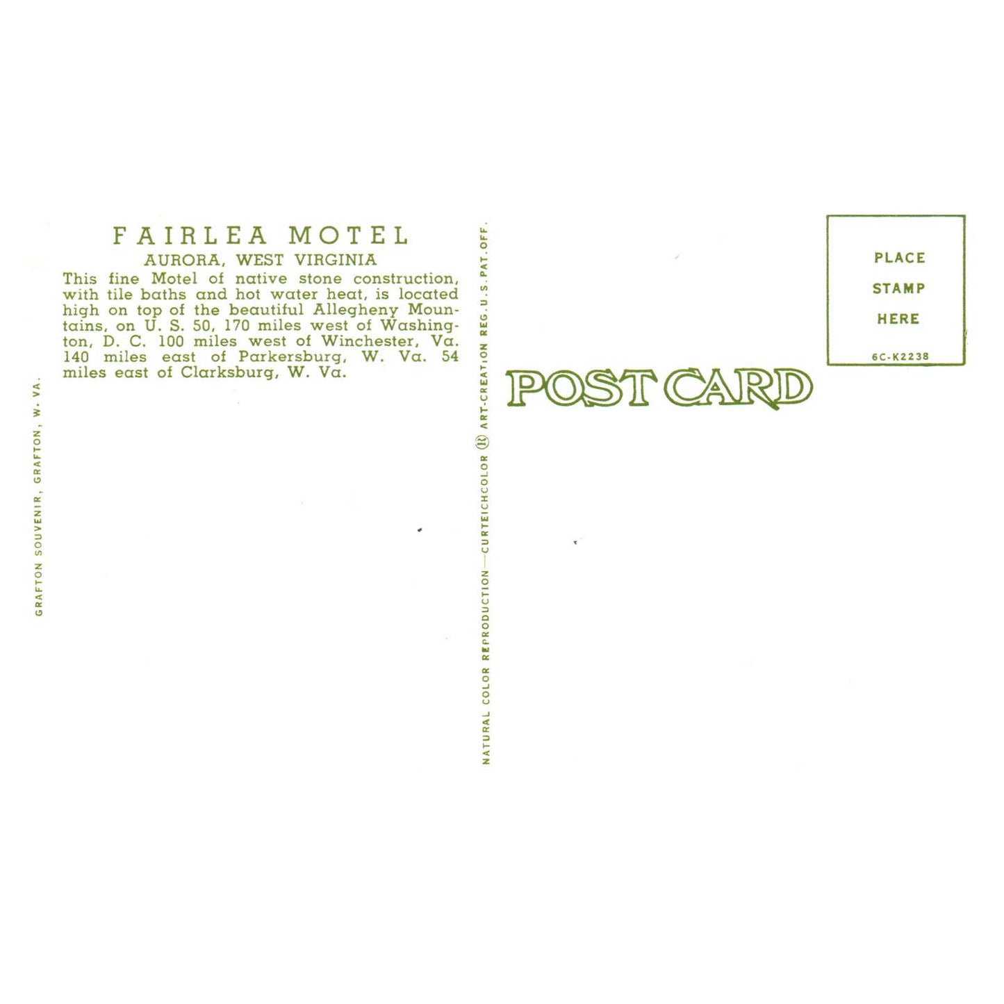 Vintage Postcard - Fairlea Mottel Aurora West Virginia TJ6-1