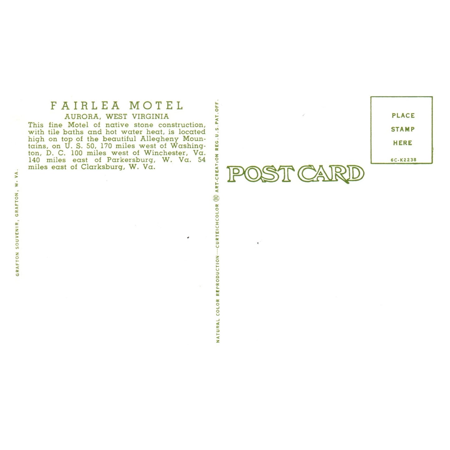 Vintage Postcard - Fairlea Mottel Aurora West Virginia P4-6