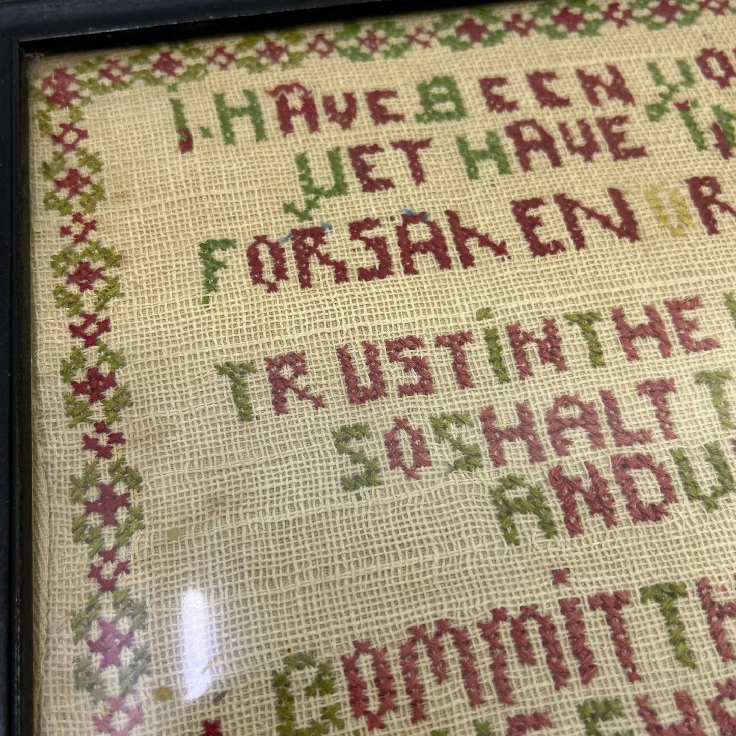 Antique Framed Cross Stitch Sampler Art Psalm 37 Trust in the Lord TG3