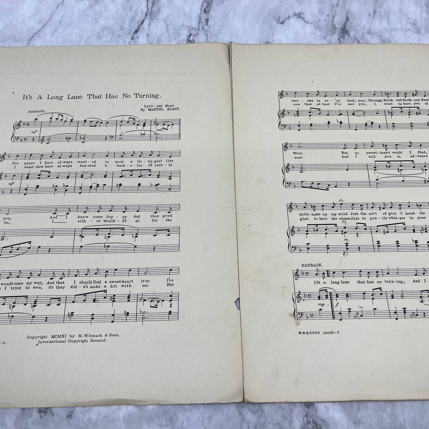 It's A Long Lane That Has No Turning Around The World 1911 Sheet Music Klein TJ4