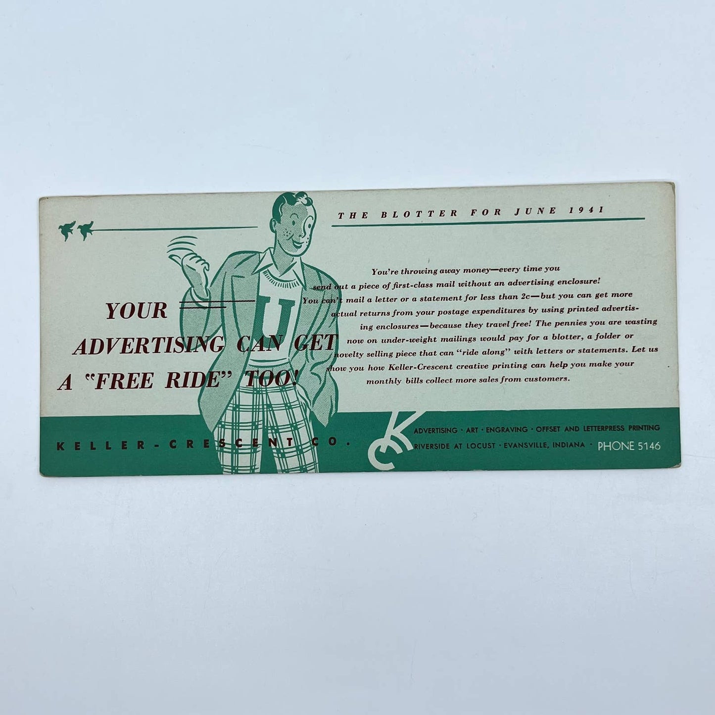 1940s Blotter Card Free Ride Advertising Keller-Crescent Co. Evansville IN SC9