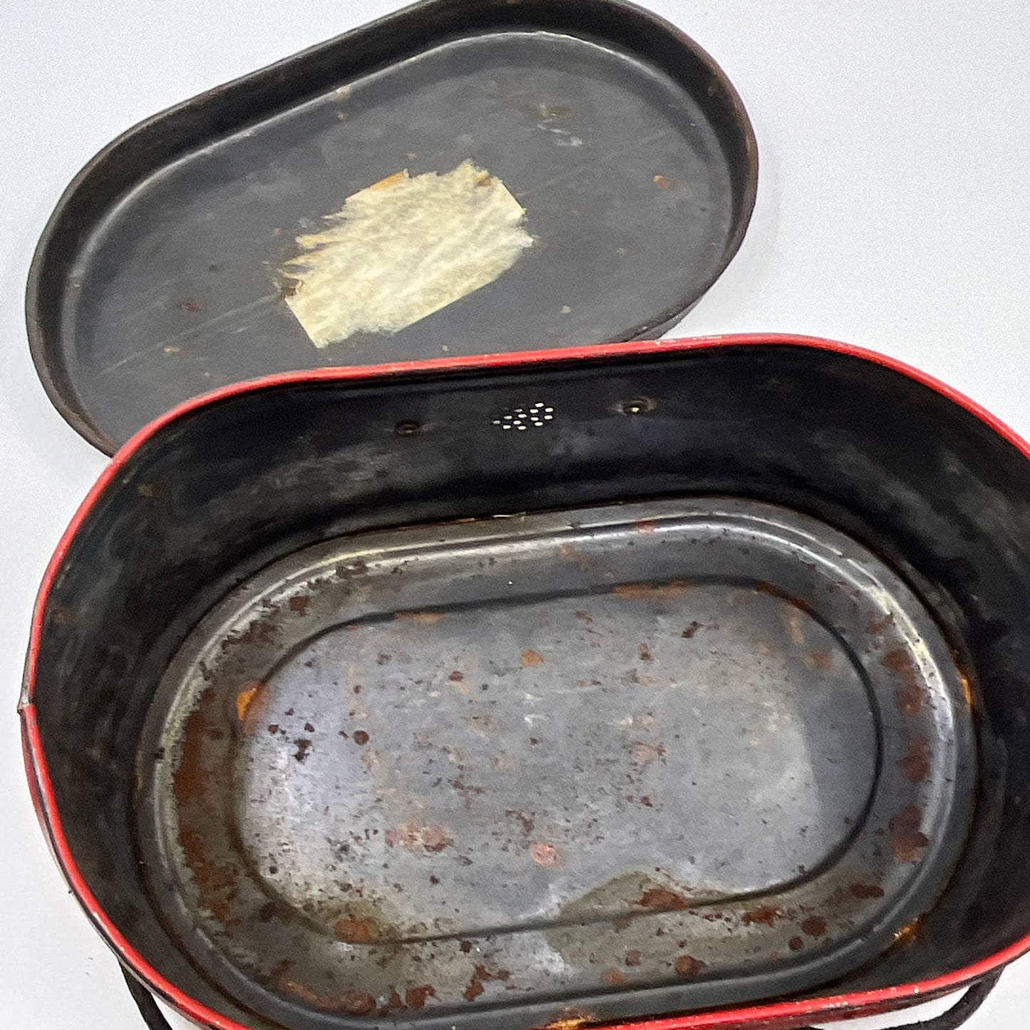 Antique PLAID Red & White Tin Oval Lunch Box Great Patina 8x5 TH5
