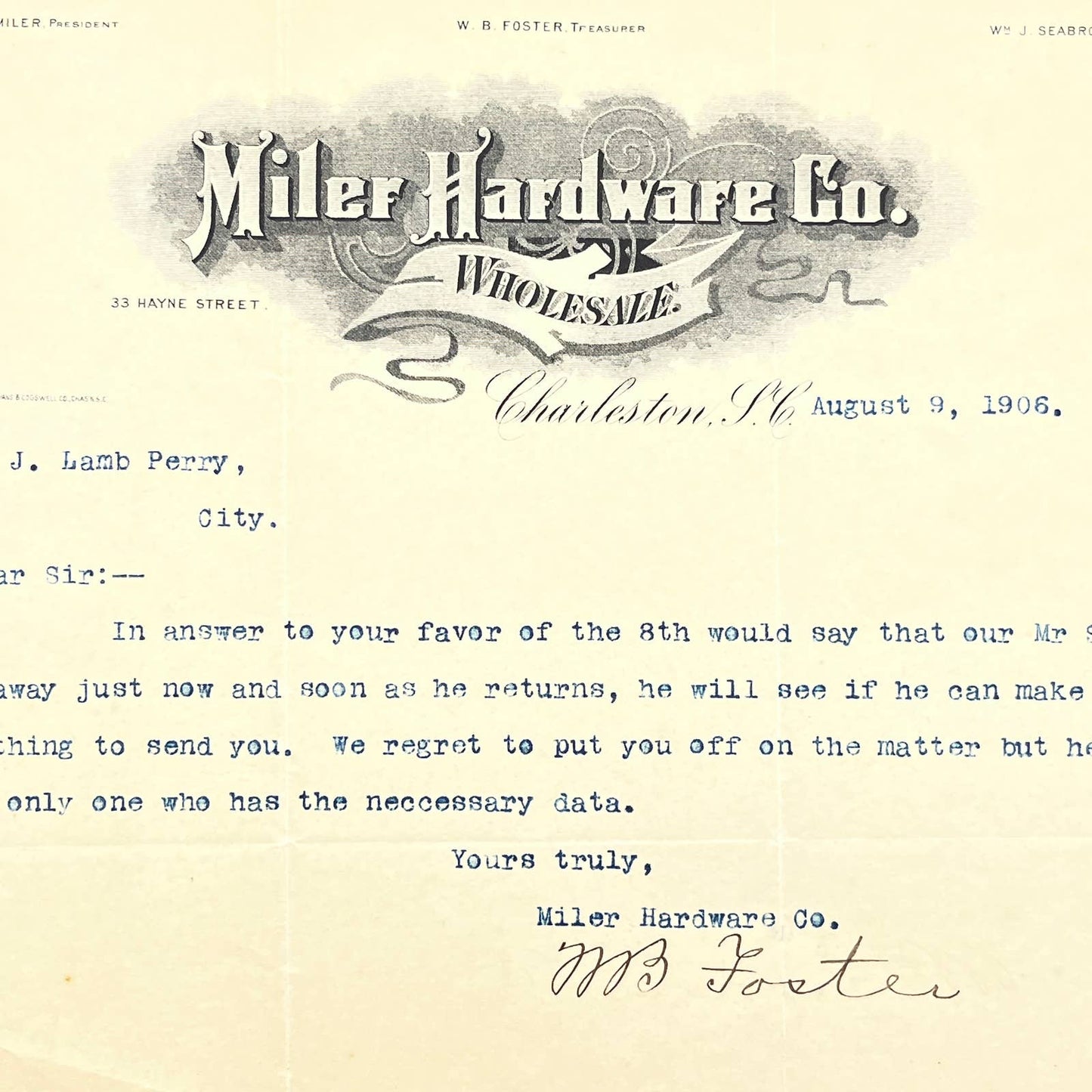 1906 Miler Hardware Co Letterhead Charleston SC Daniel Miler W.B. Foster AB9