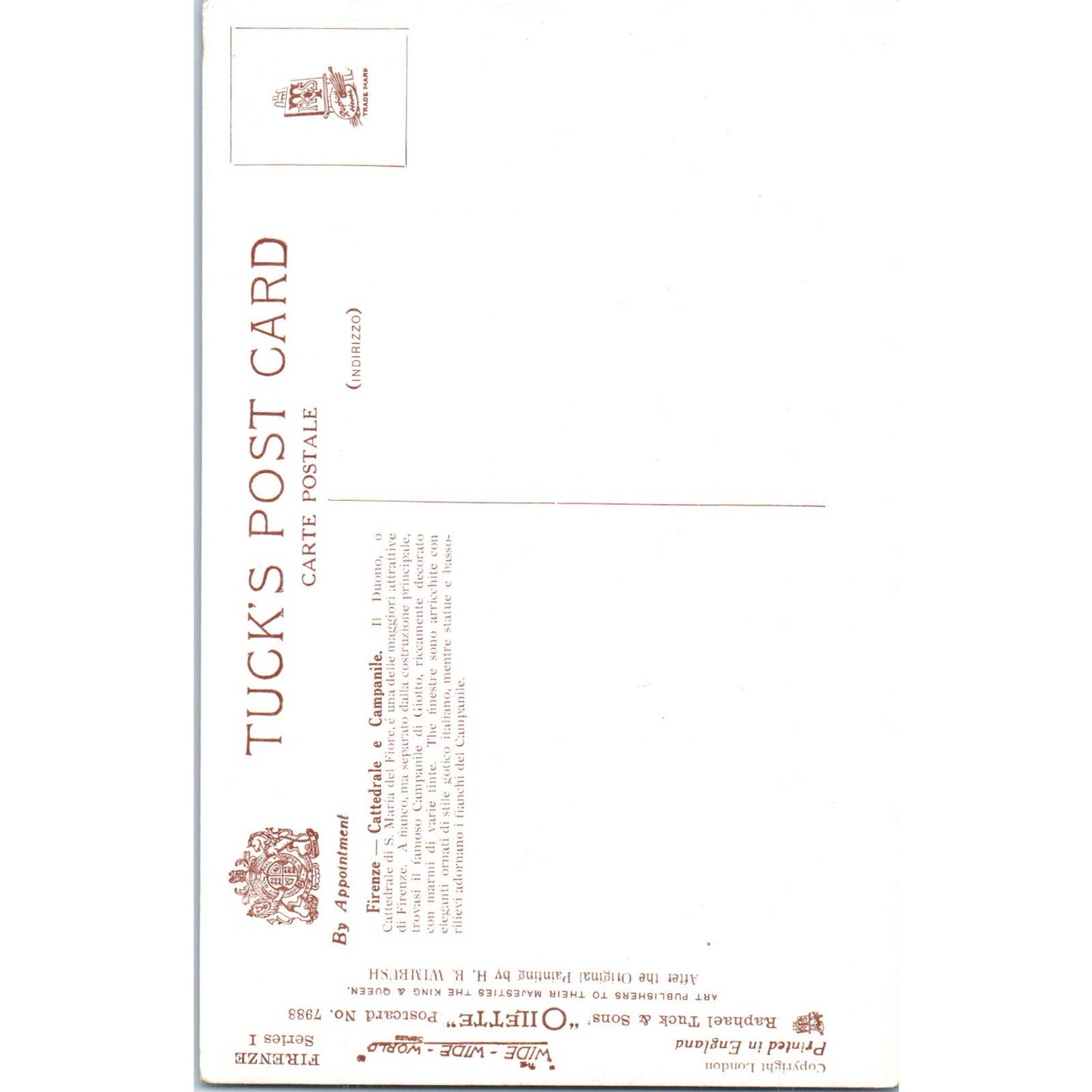 Firenze Cathedral e Campanile Raphael Tuck Oilette Original Postcard TK1-P14