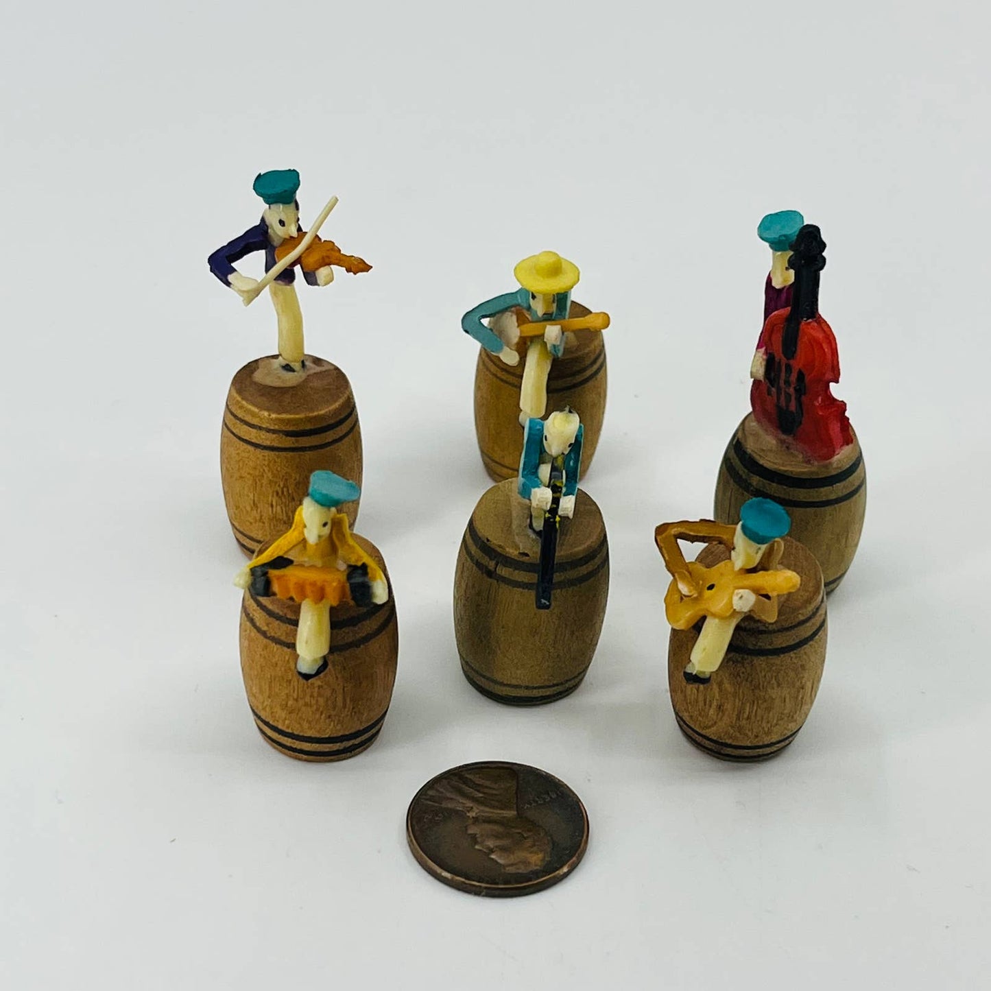 Vintage 1950s Japan Rag Time Band Miniature Figurines Barrels Full Set of 6 SB4