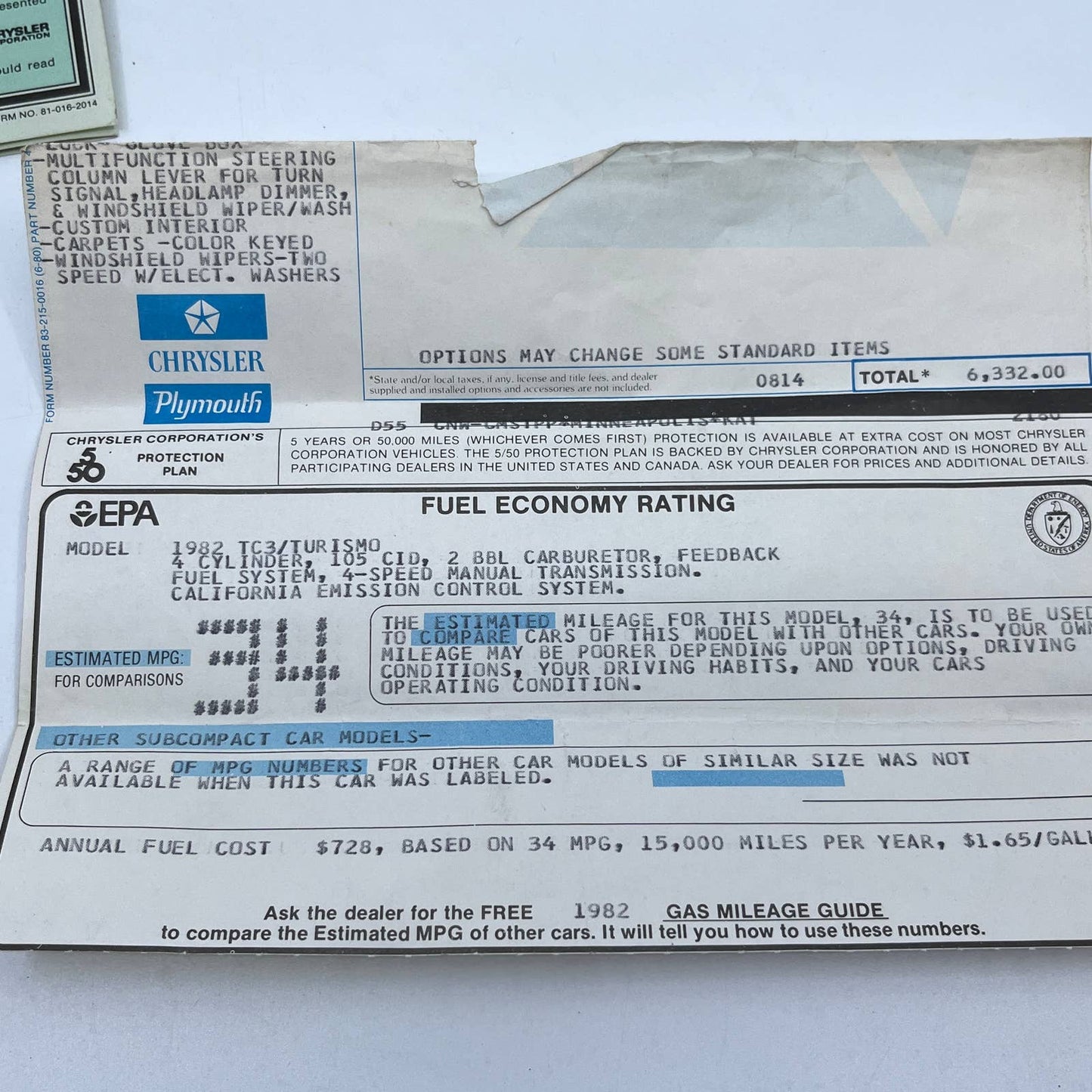 1982 Plymouth Horizon TC3 Manual and New Car Inserts Chrysler TF6