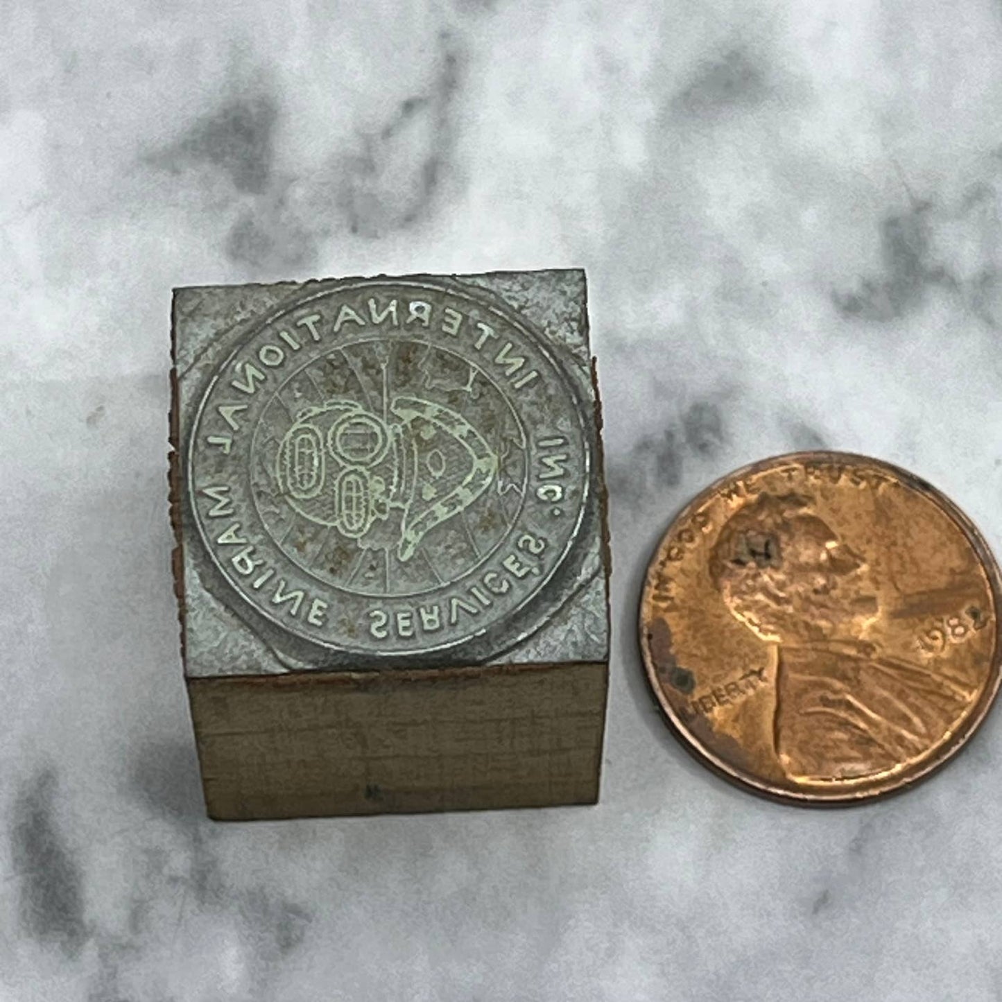 Vtg Printers Block Plate International Marine Services Inc. Scuba Helmet TJ58