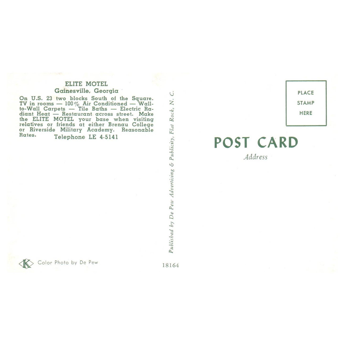 Vintage Postcard - Elite Motel US 23 Gainesville Georgia AD9