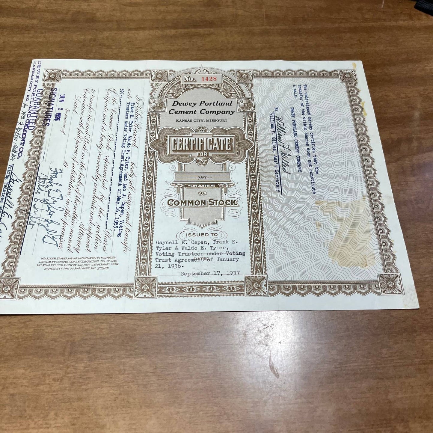 Antique 1937 Stock Certificate Dewey Portland Cement Company Kansas City MO B5
