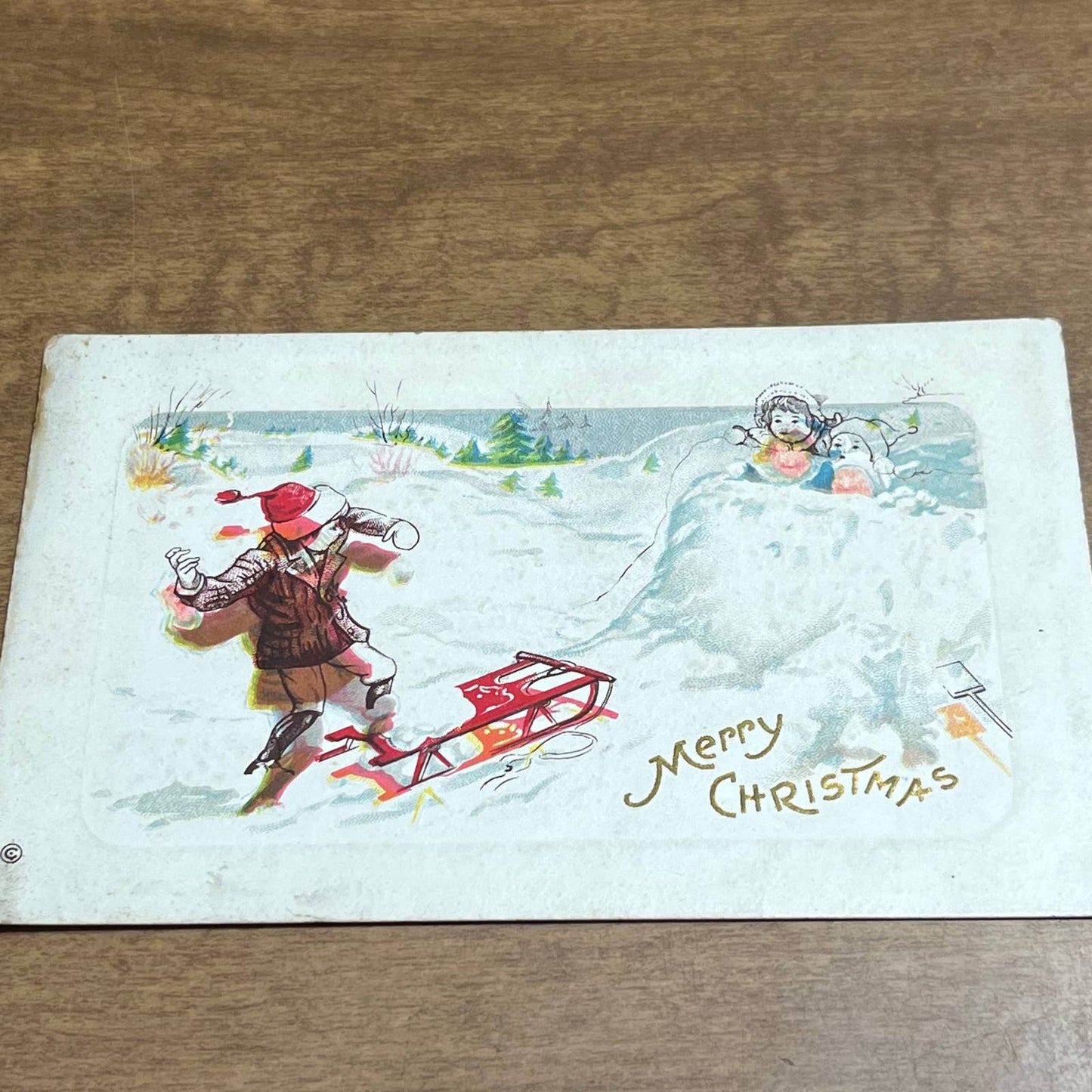 c1910 Embossed Snowball Fight Sled Baby Children Merry Christmas Postcard PA2